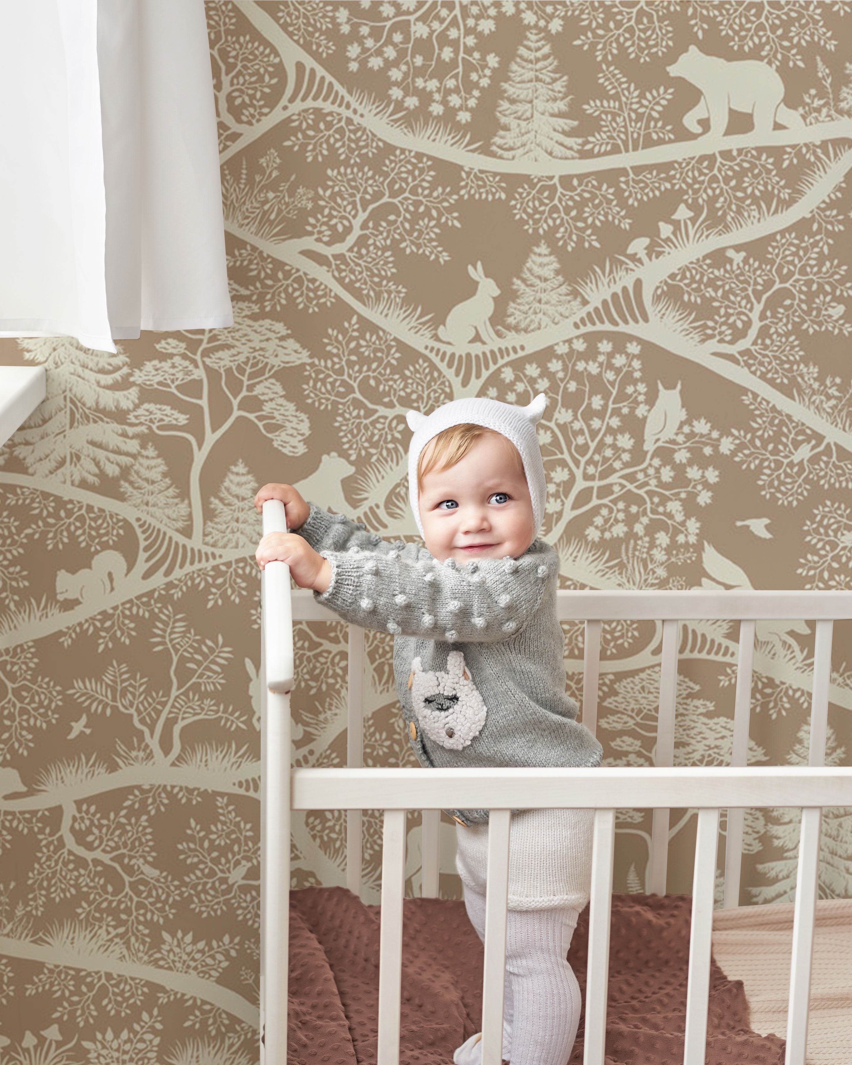 beige pattern with animals and trees wallpaper