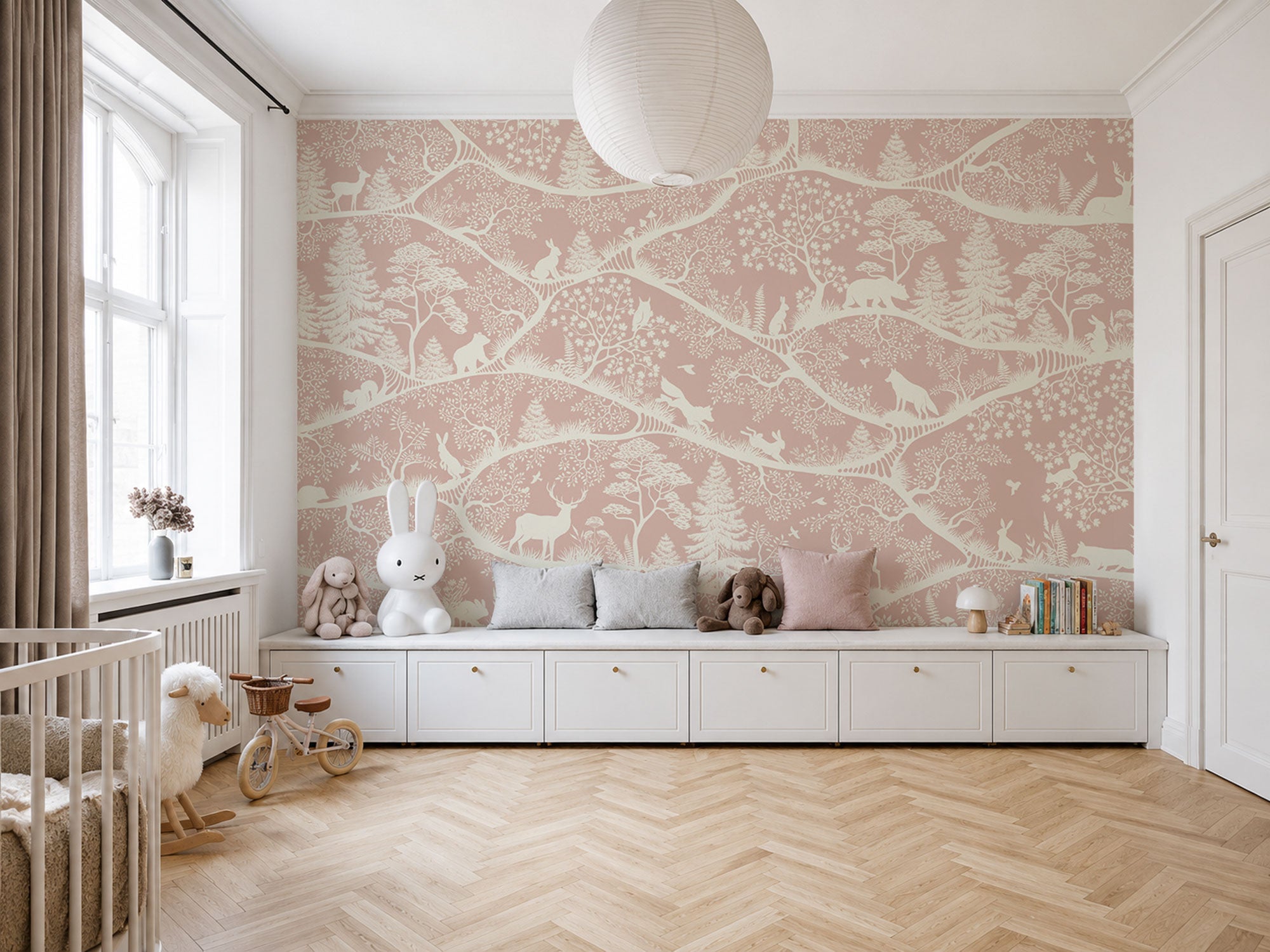 Forest trees and animals white pink kids wallpaper