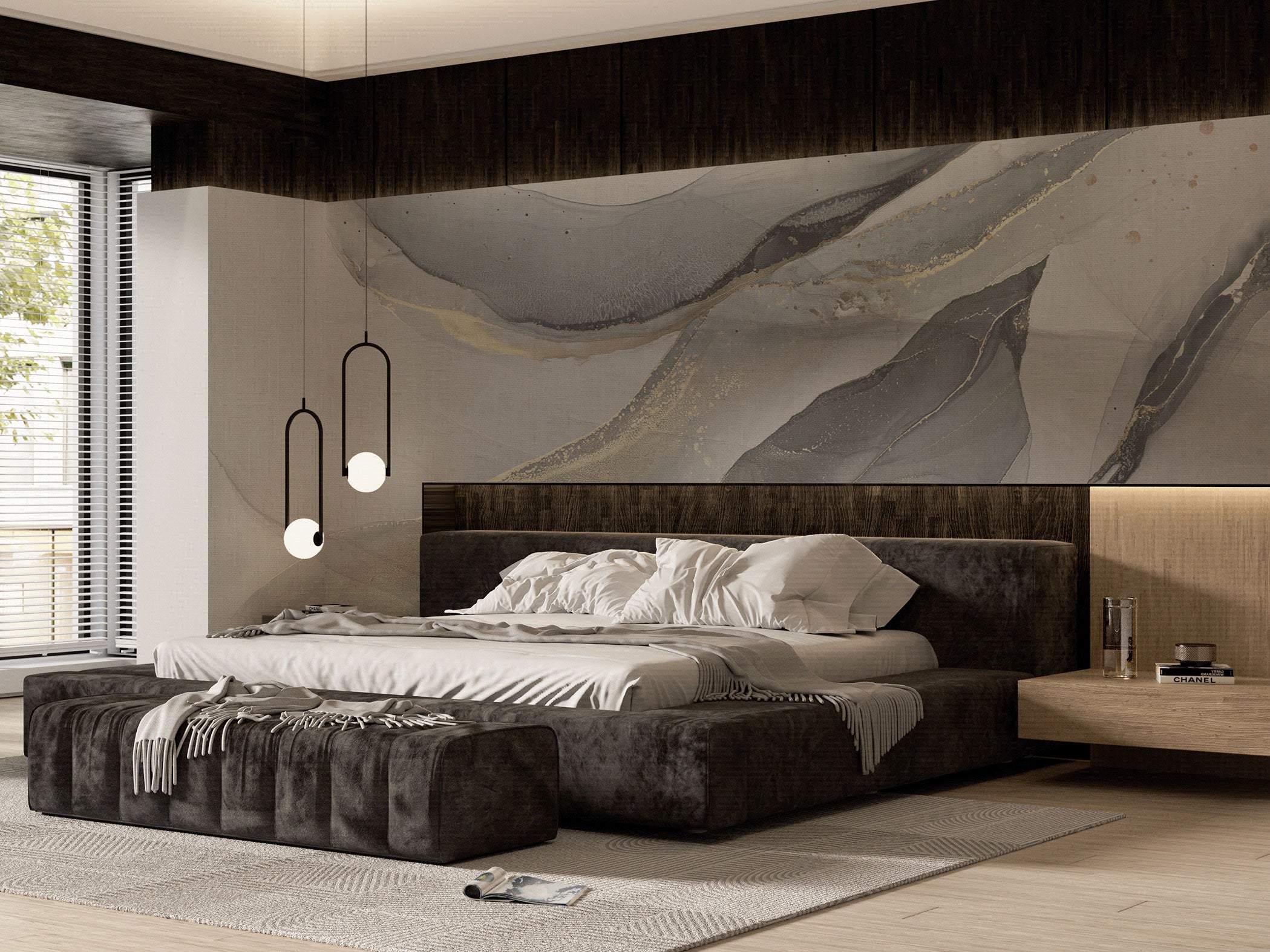 Abstract mural wallpaper with grey and beige flowing layers and fine gold vein accents.