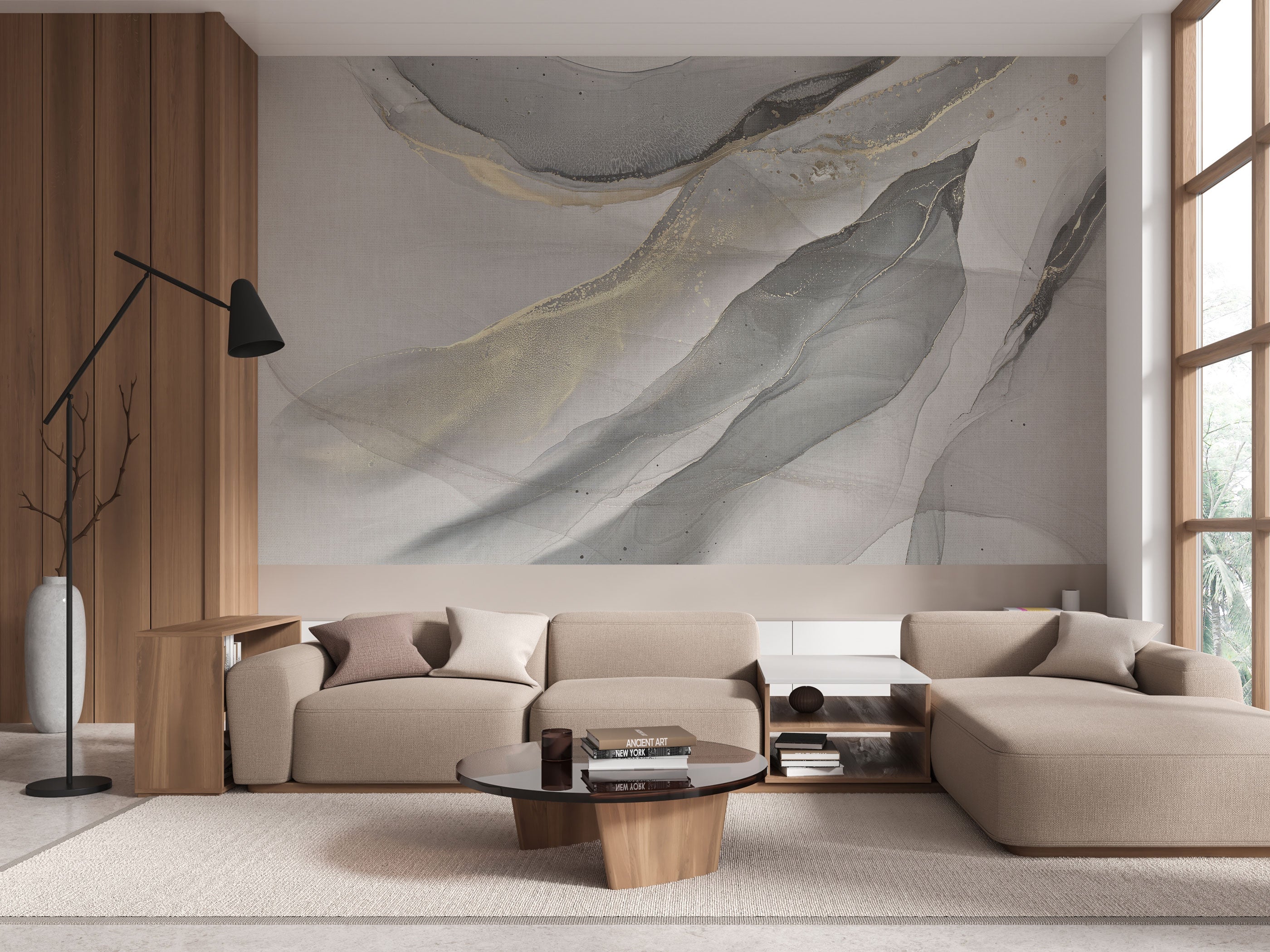 Abstract mural wallpaper with grey and beige flowing layers and fine gold vein accents.