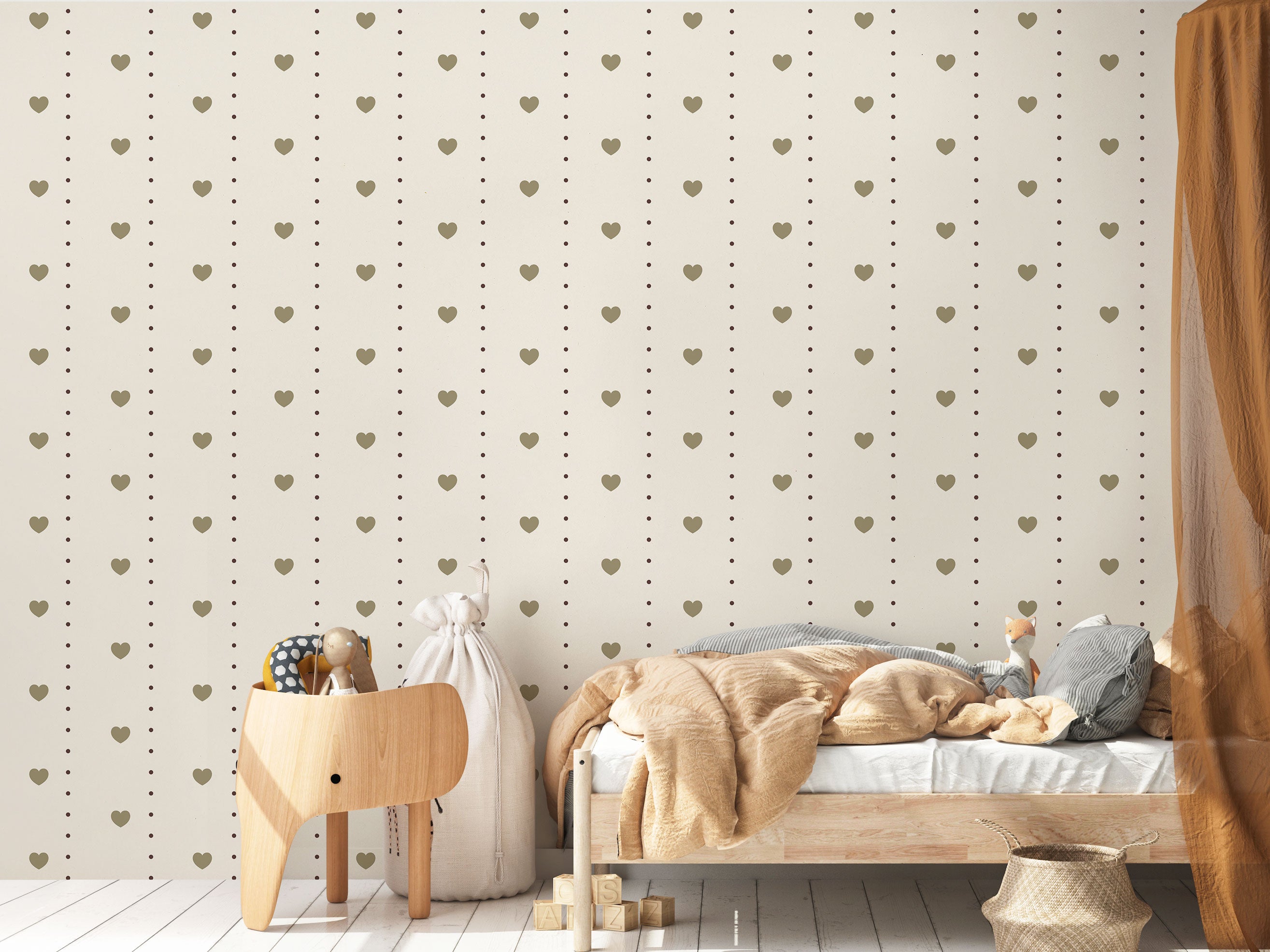 Wallpaper with small heart motifs and dotted vertical lines in warm neutral tones.