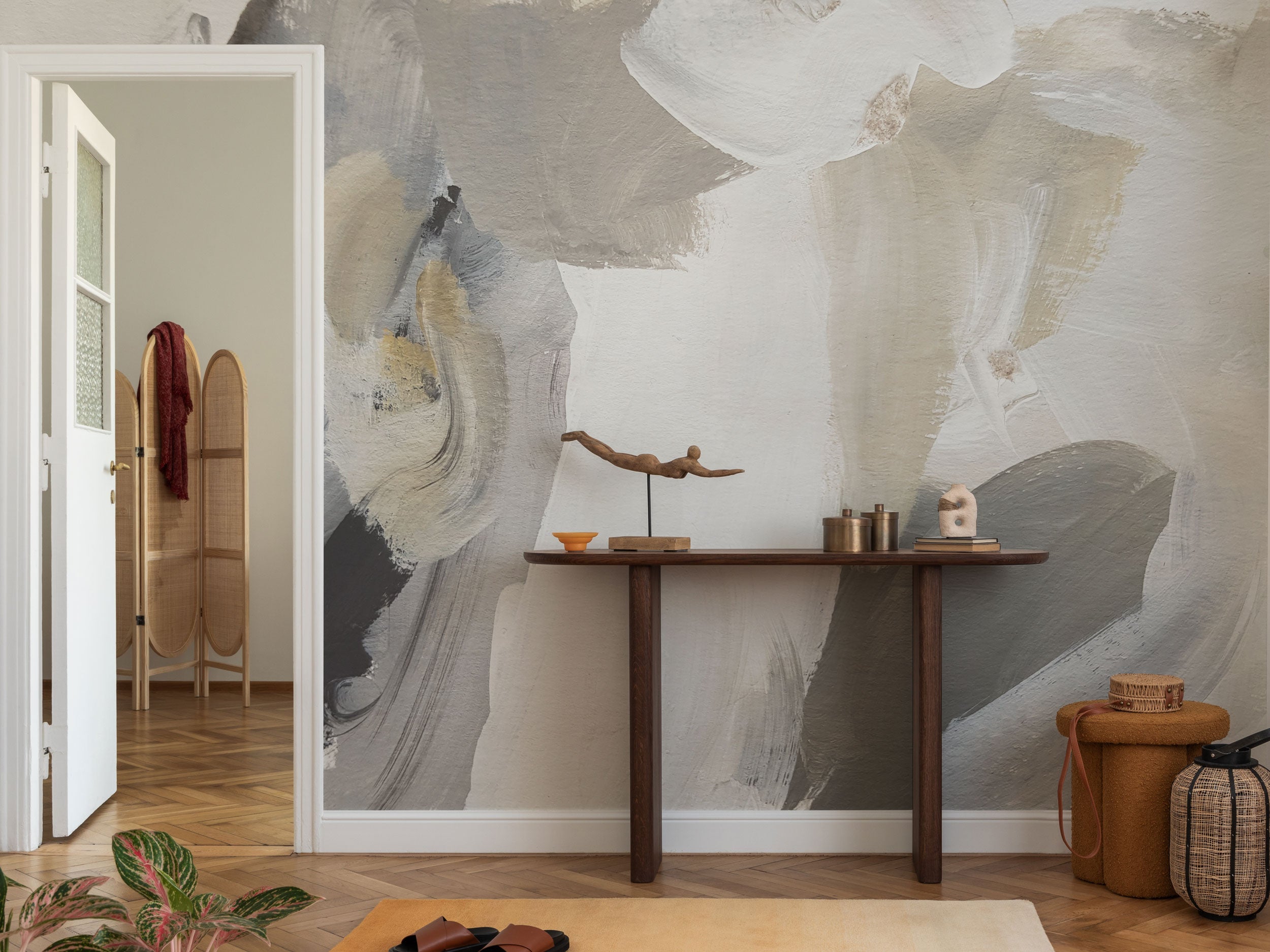 Abstract mural wallpaper with painterly brushstrokes in beige, grey, and soft neutral tones