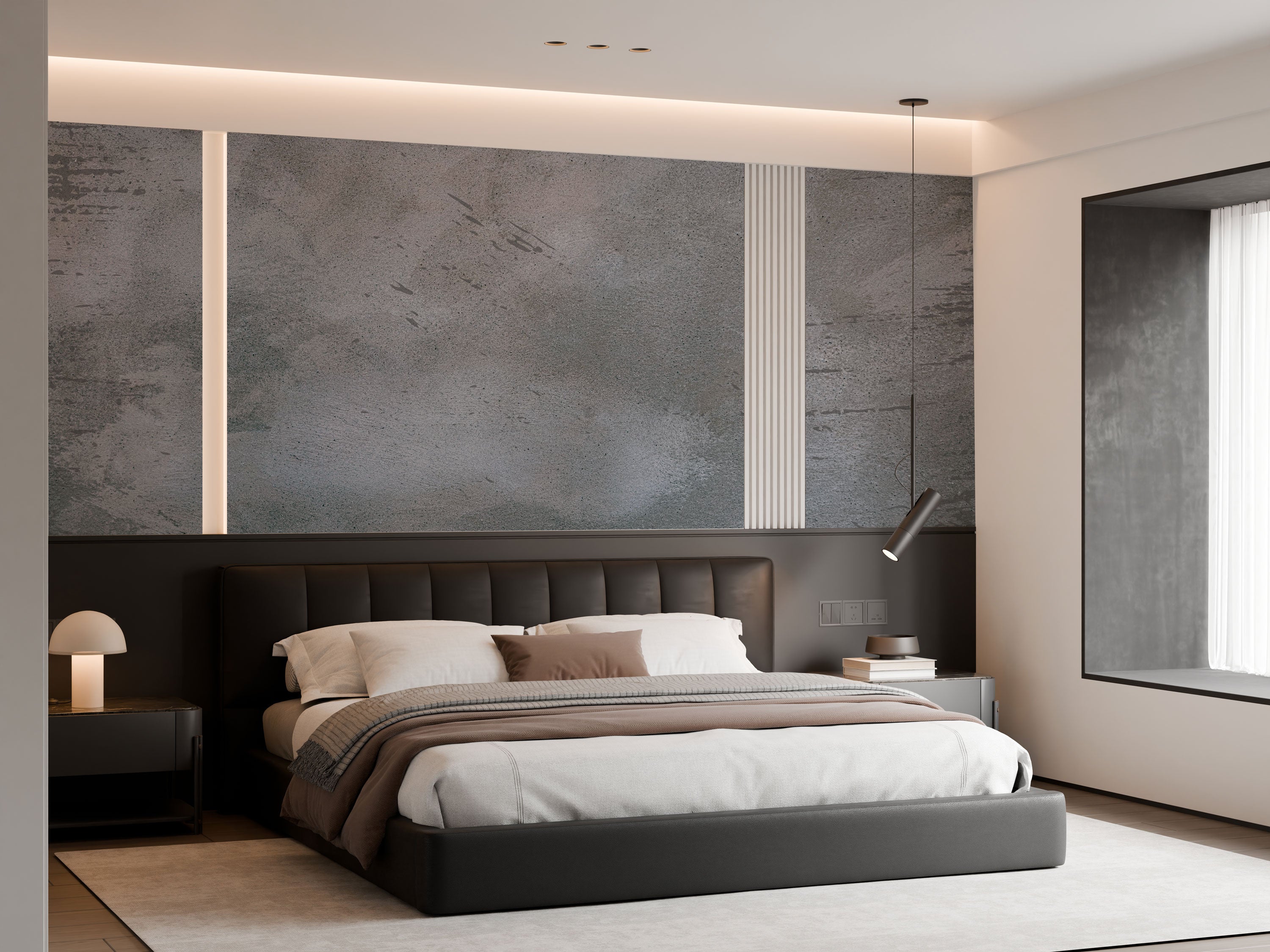 concrete effect textured wallpaper in neutral grey and stone tones