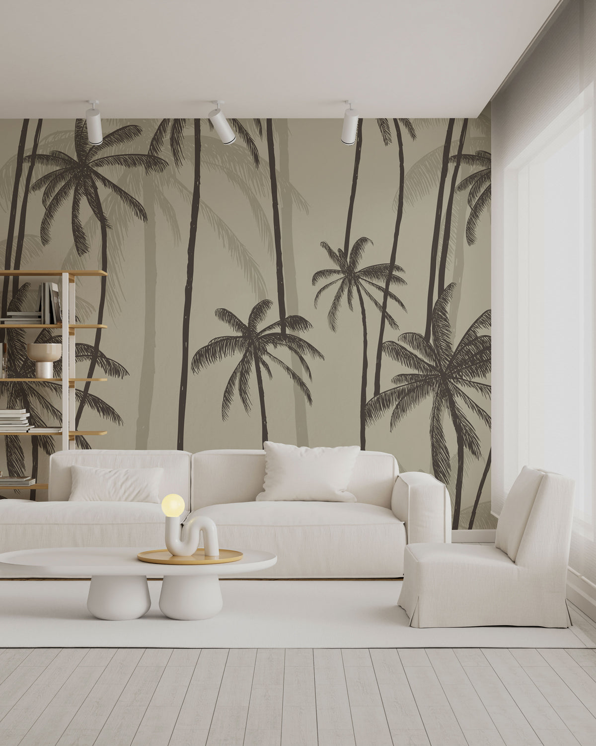 Palm silhouette wallpaper with neutral tropical palm trees, modern minimalist palm wallpaper for living room