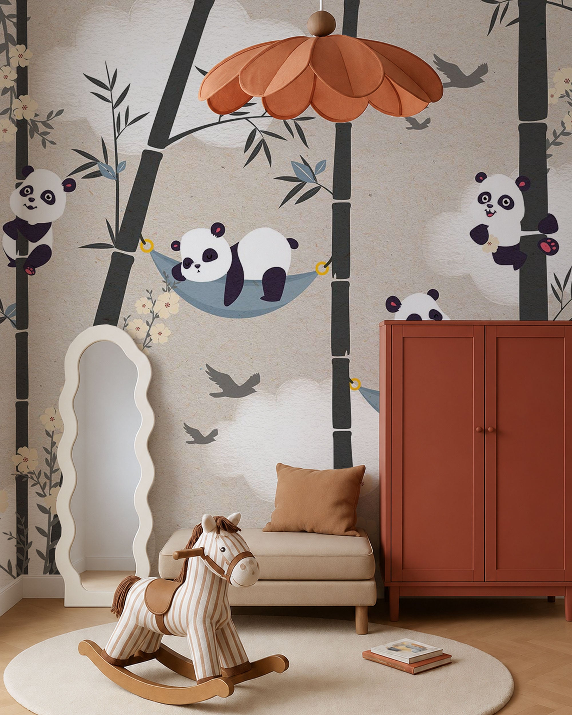 Playful panda mural wallpaper with bamboo for kids room