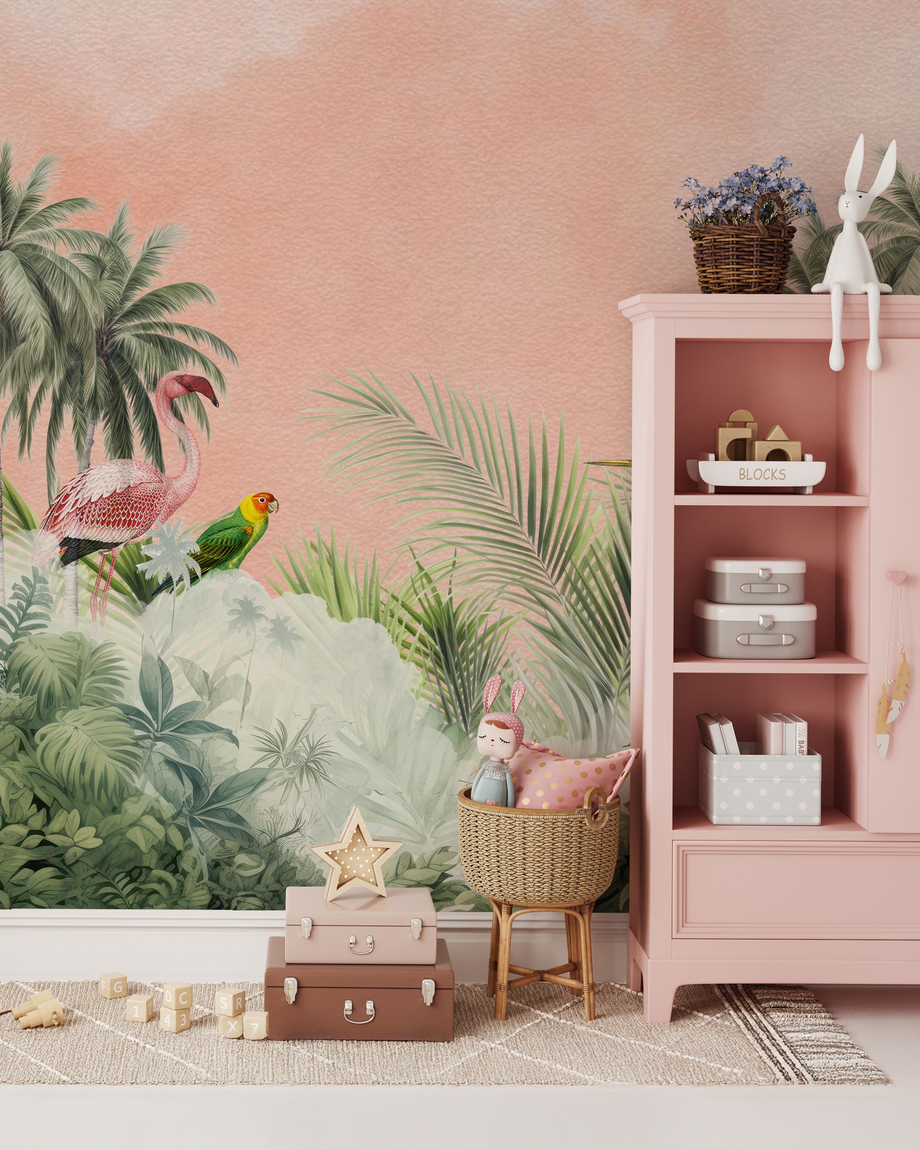 Tropical mural wallpaper with palm leaves and exotic birds on a blush background