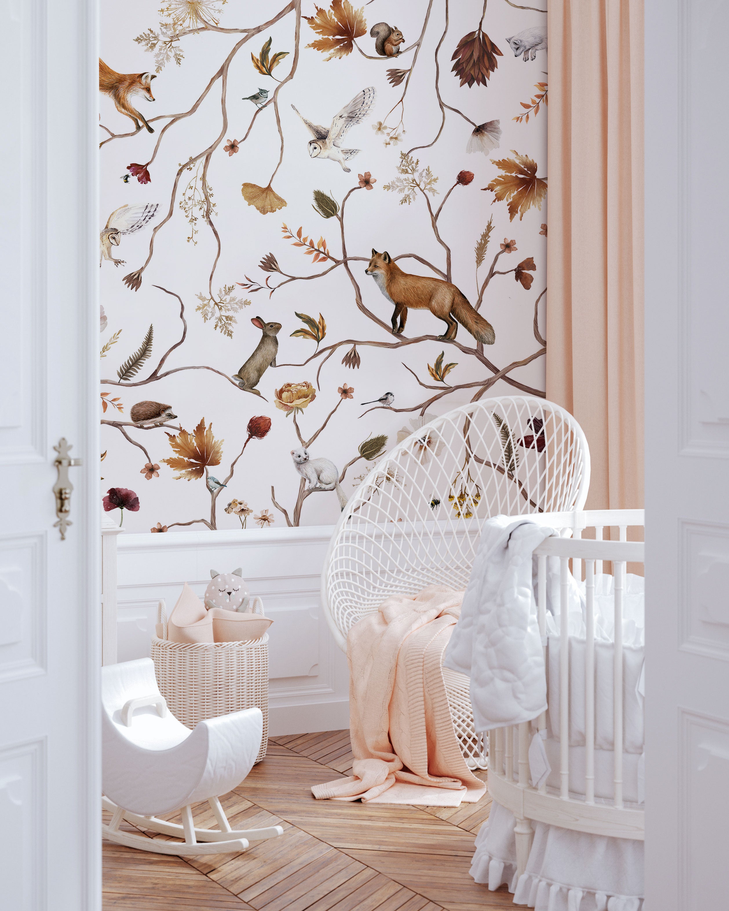 wallpaper with white nacgound and animals and forest and branches vintage look