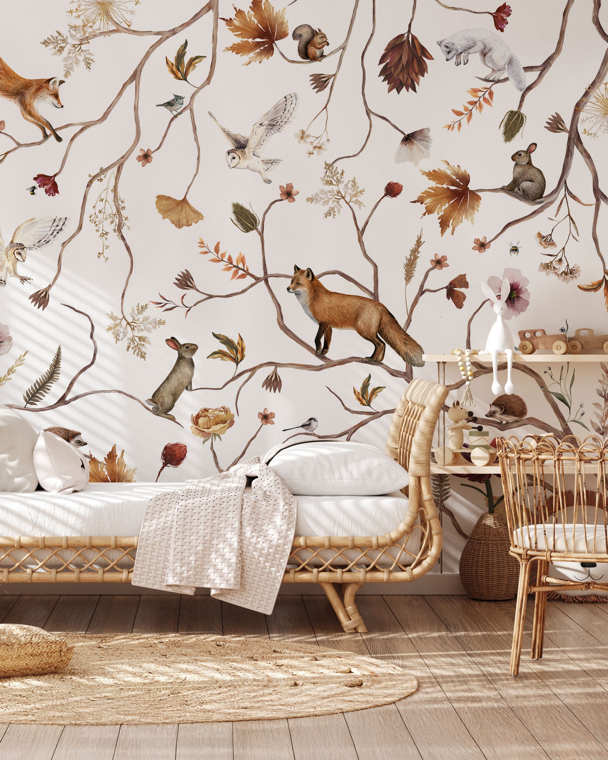 wallpaper with white background and animals and forest and branches vintage look