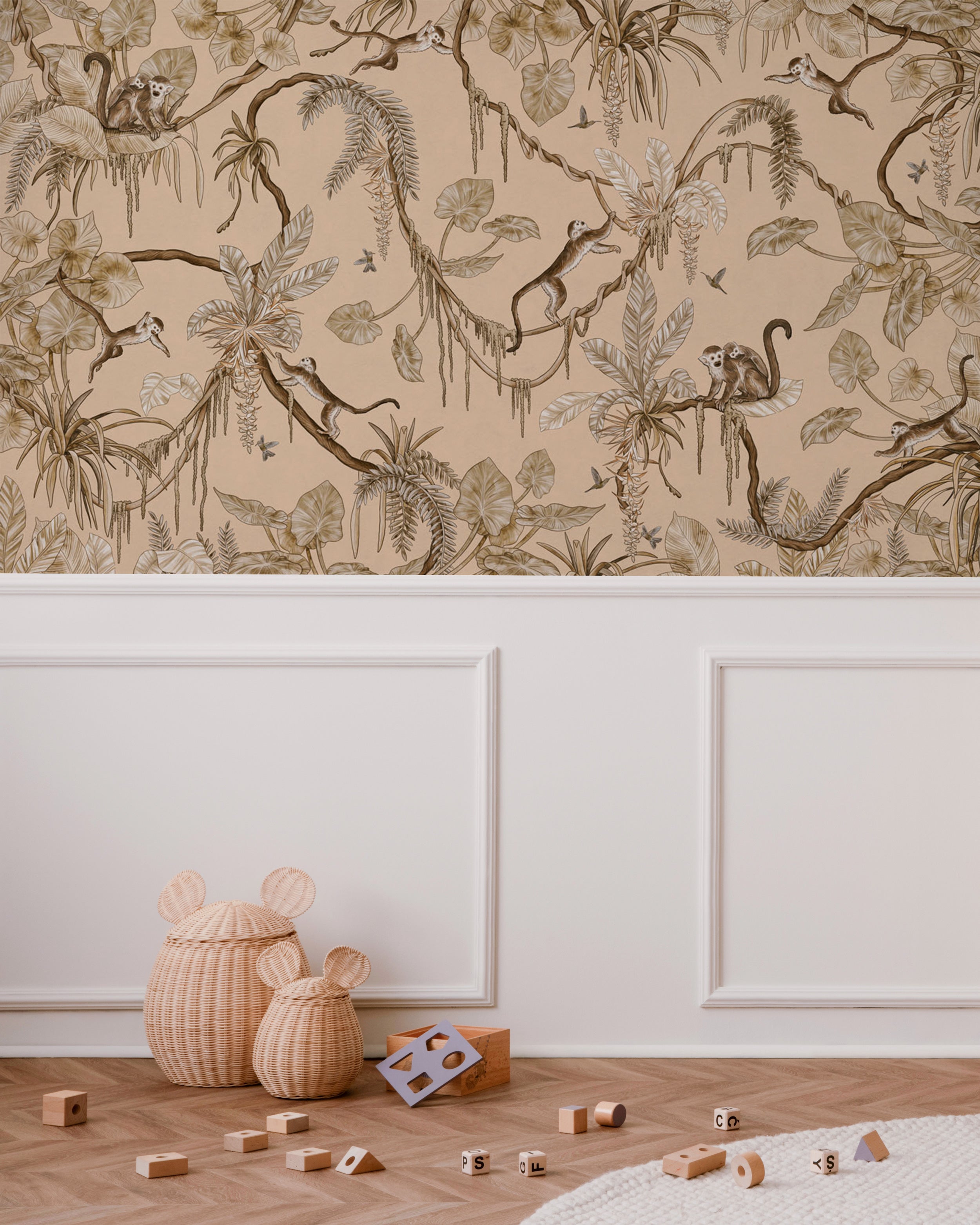 beige monkey wallpaper with branches and tropical leaves