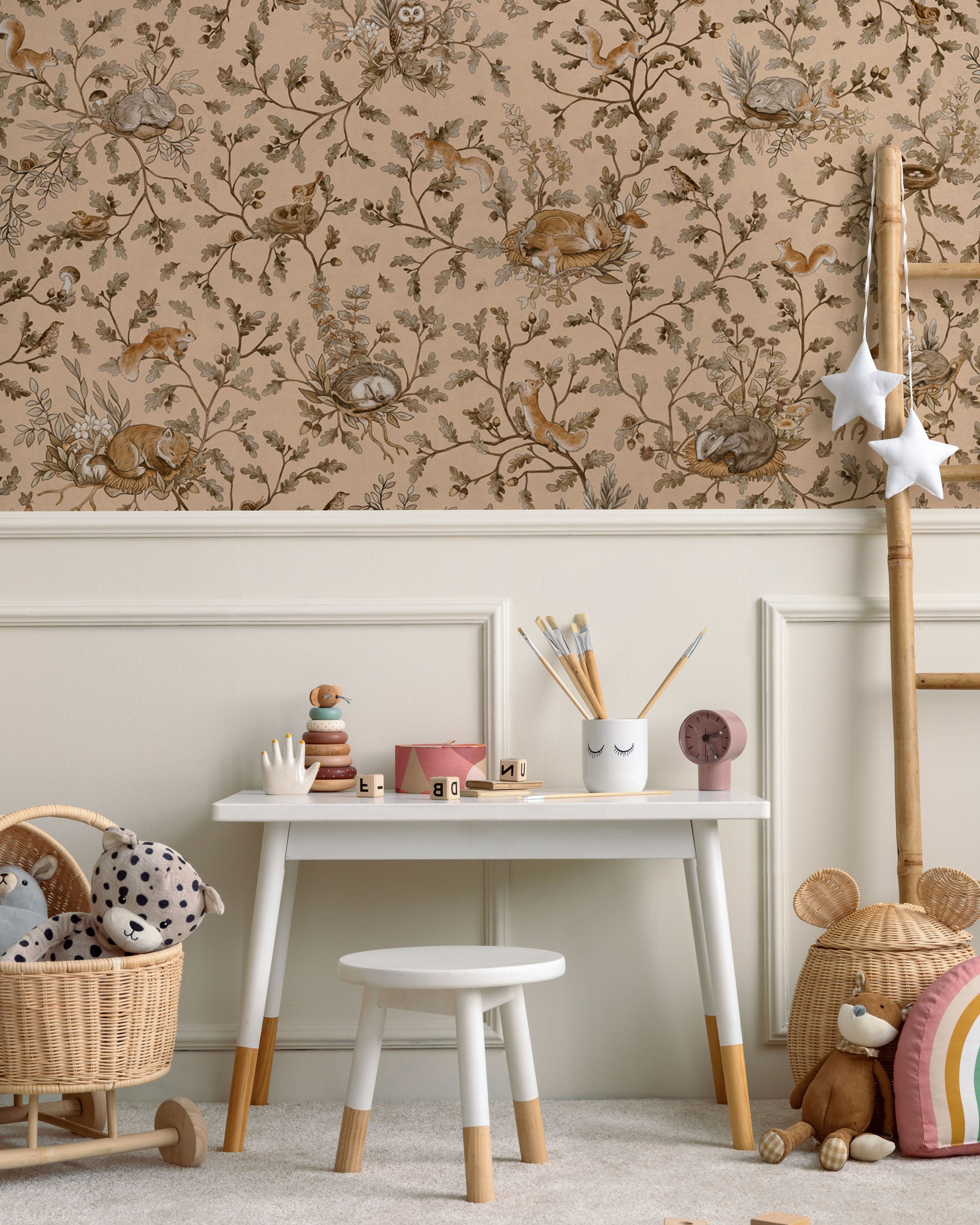 Woodland Animal Pattern Warm Beige Wallpaper