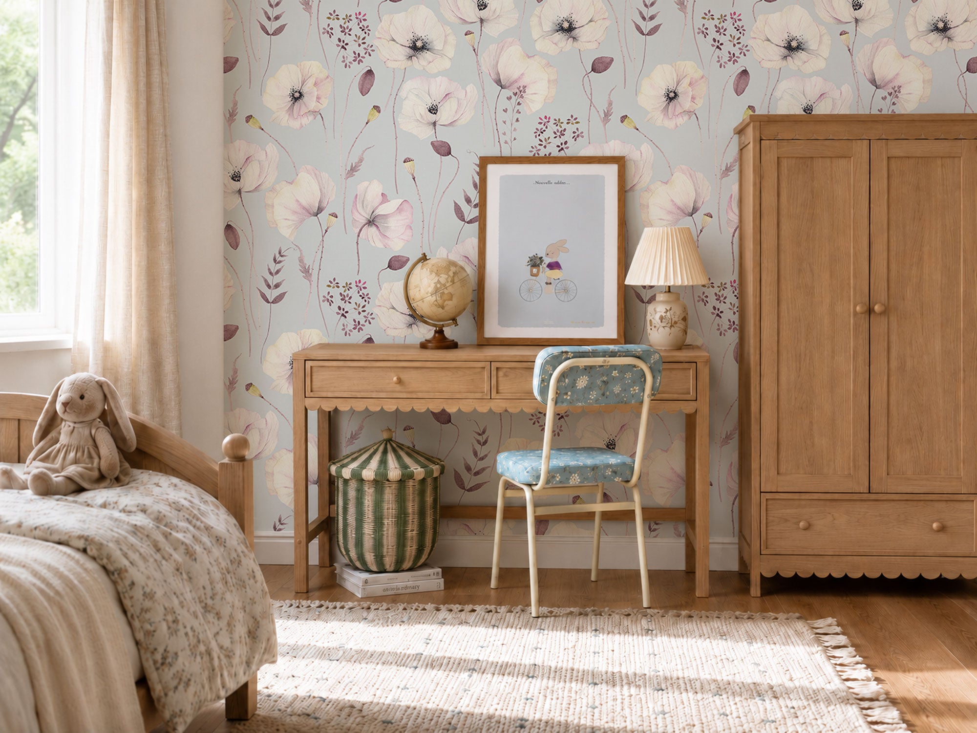 pastel floral wallpaper with delicate illustrated flowers, slender stems, and botanical details on a light background