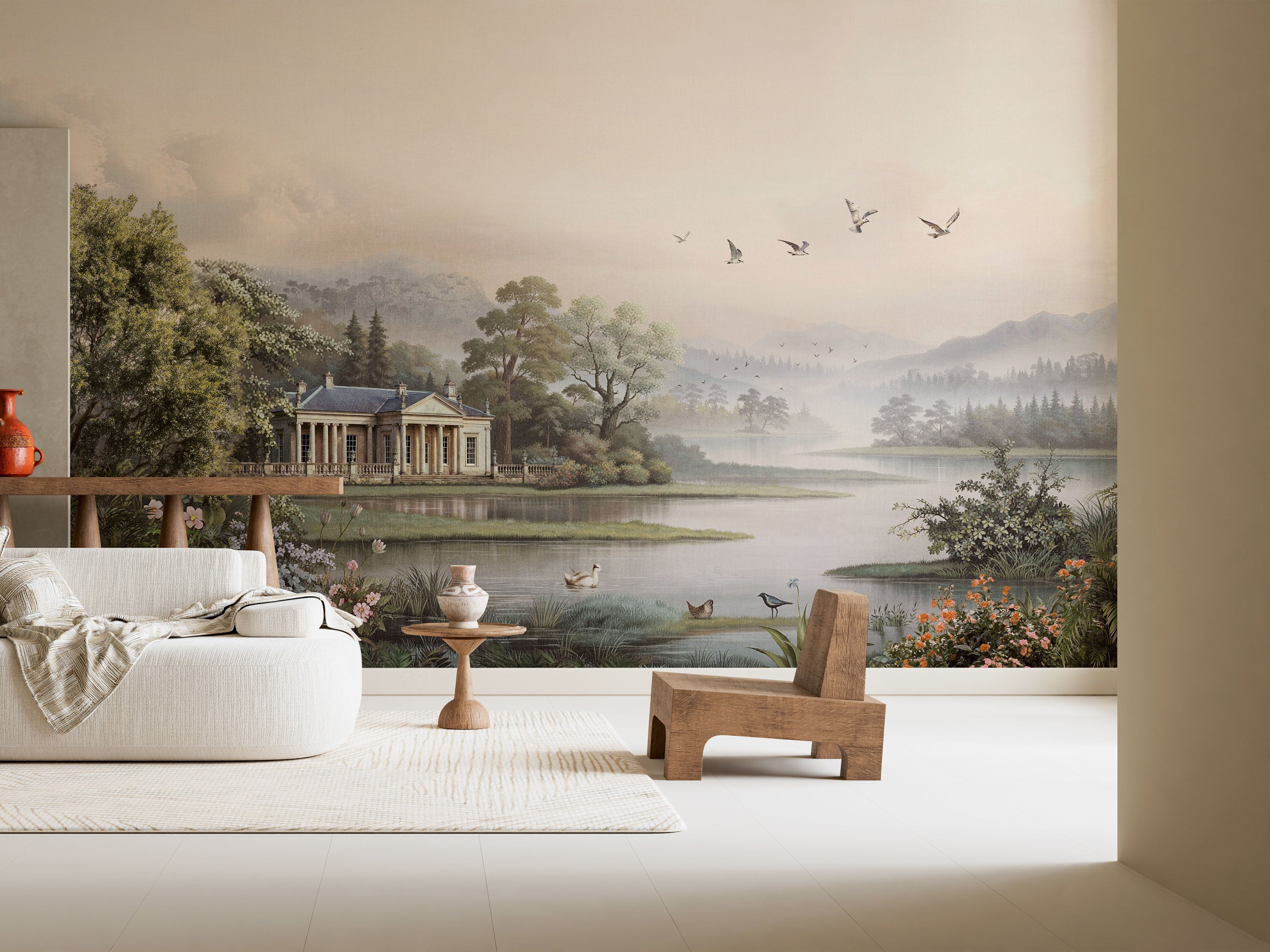 Panoramic classical landscape mural wallpaper with lake, pavilion, flowers, and lush garden scenery in soft natural tones