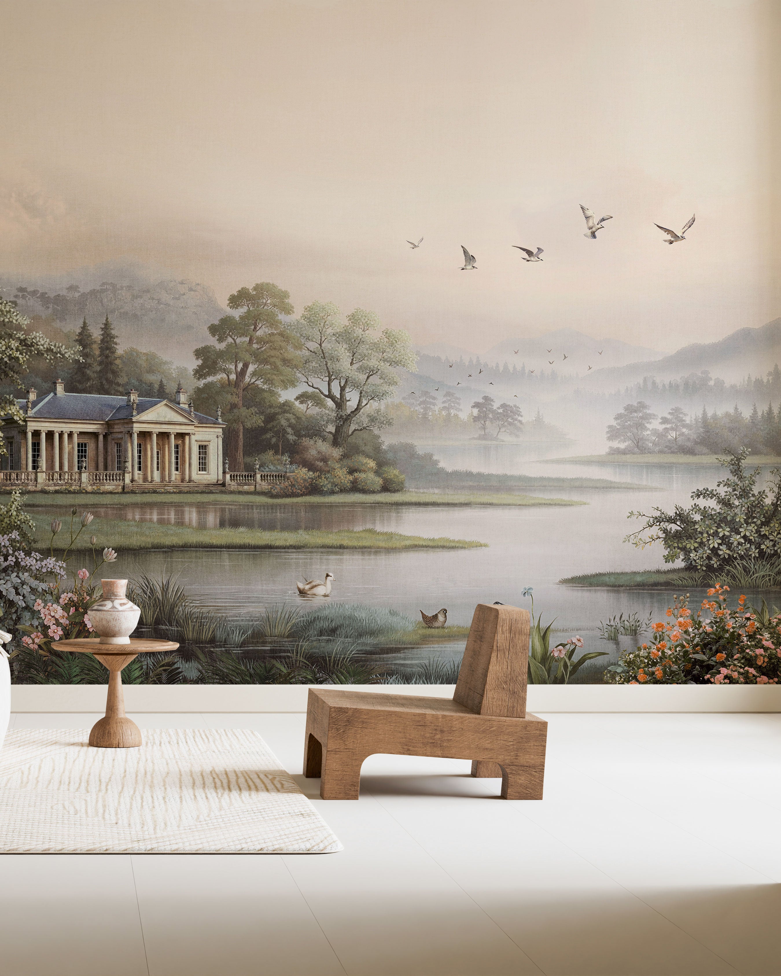 Panoramic classical landscape mural wallpaper with lake, pavilion, flowers, and lush garden scenery in soft natural tones