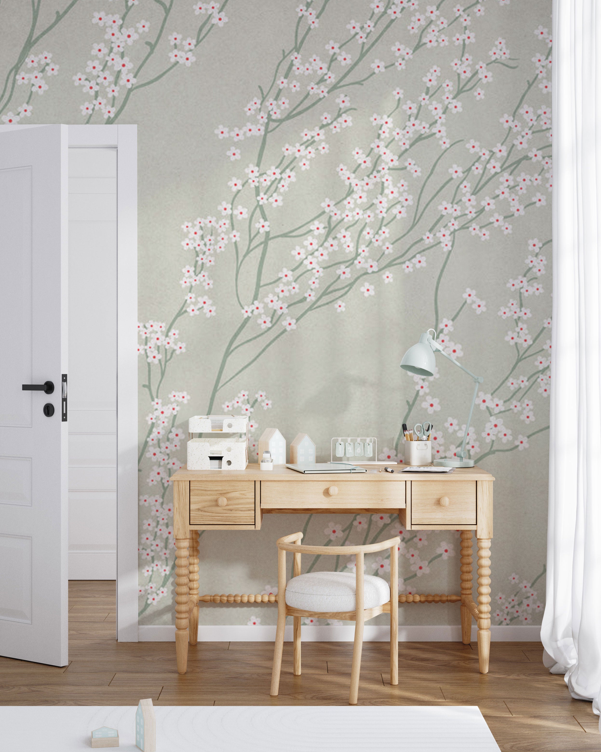 Soft pastel wallpaper with delicate cherry blossom branches, small white flowers, and slender green stems on a muted sage green background