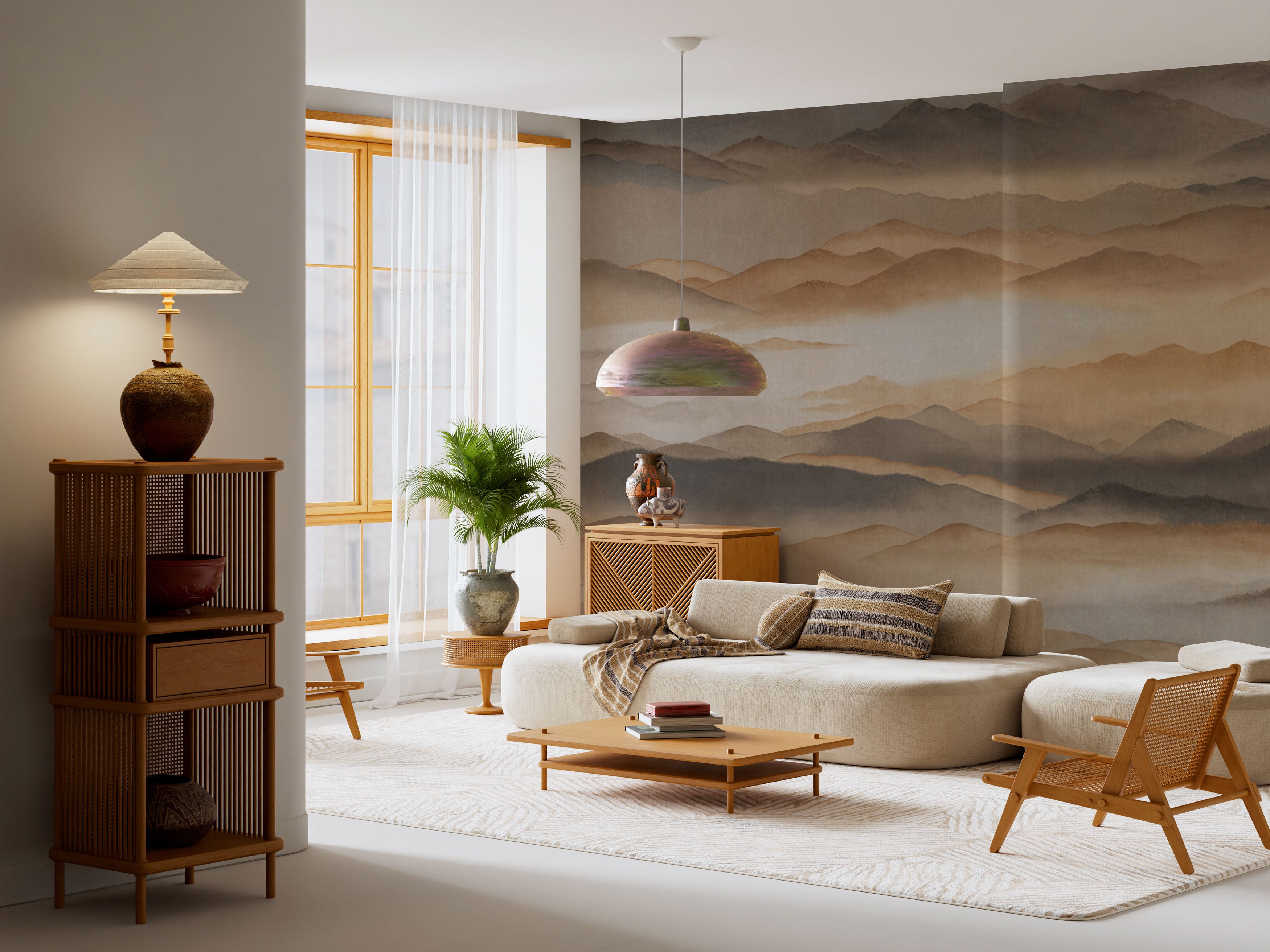 Misty Mountain Landscape Wallpaper Mural in Warm Earth Tones
