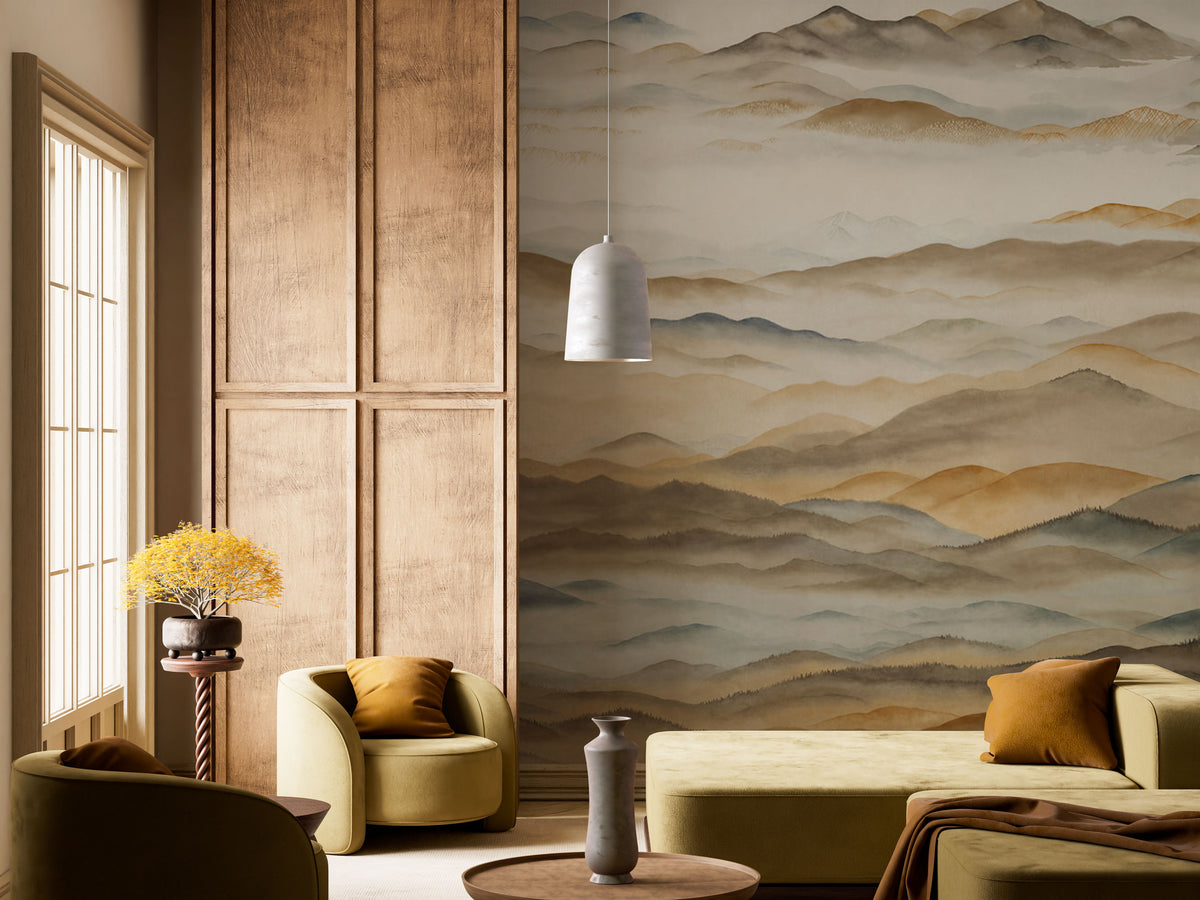 Misty Mountain Landscape Wallpaper Mural in Warm Earth Tones