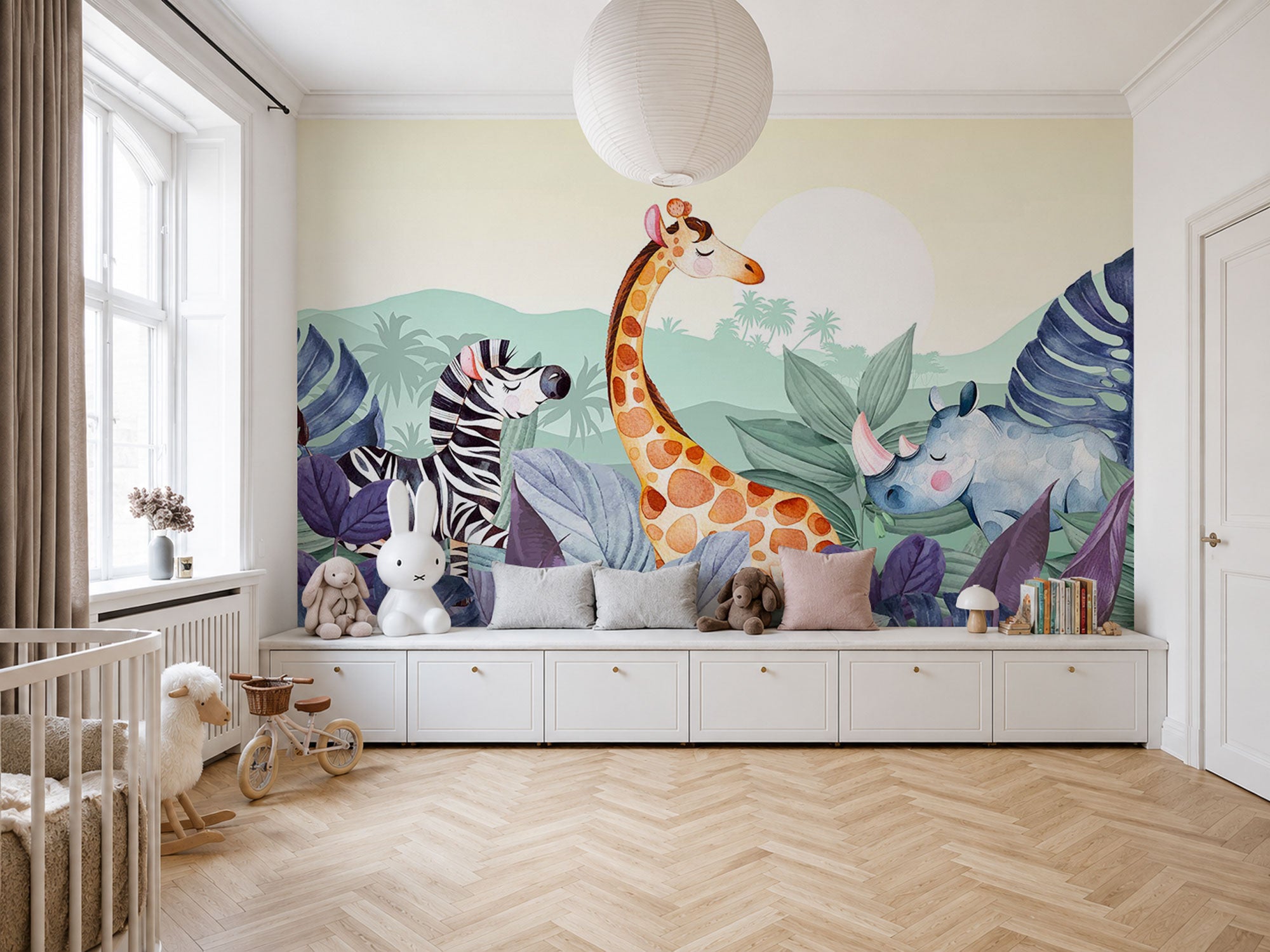 Pastel safari wallpaper with a giraffe, zebra, and rhinoceros among soft tropical leaves in a calm, child-friendly jungle scene