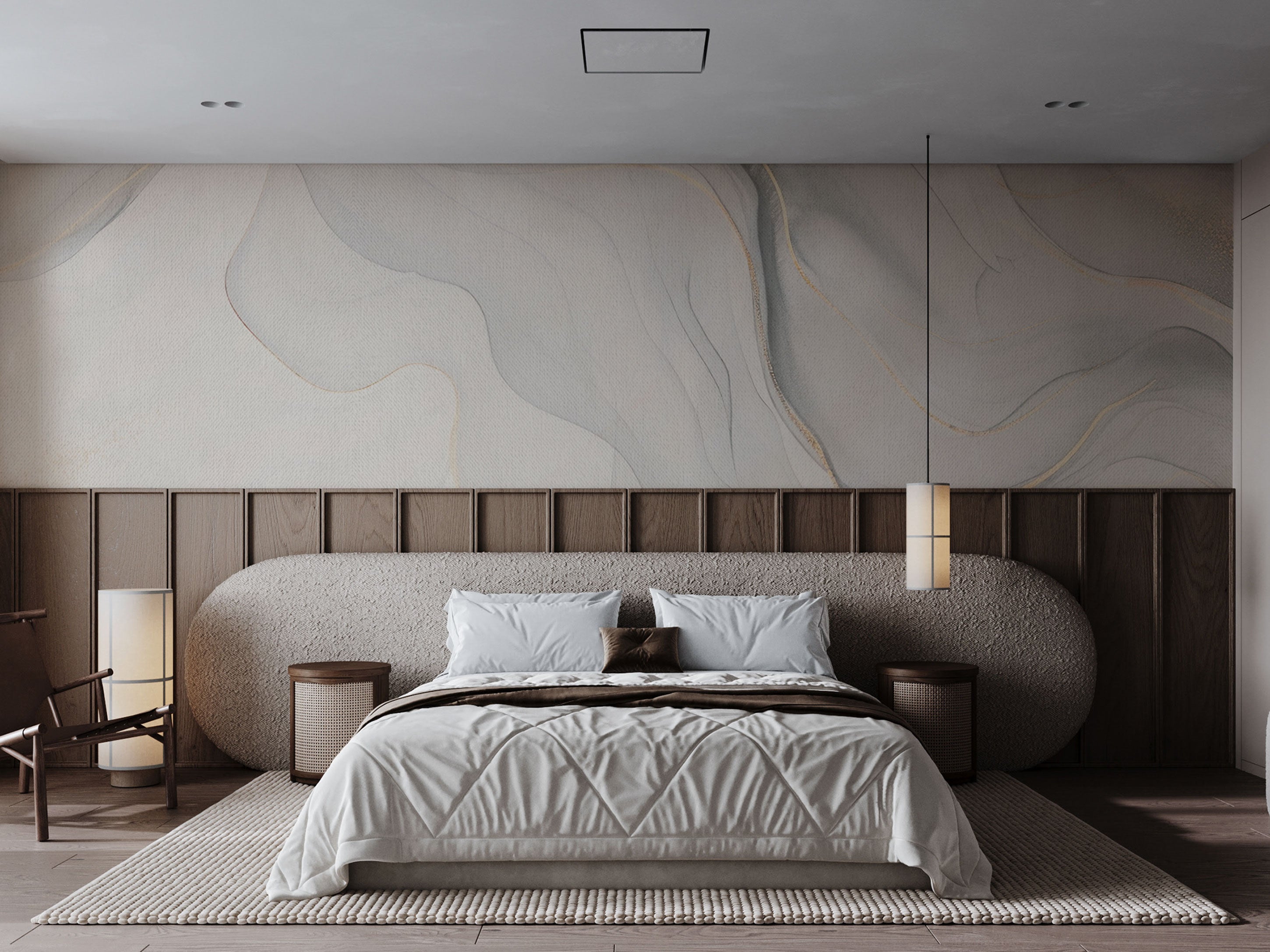 Sea Blue abstract mural wallpaper with flowing organic lines in soft blue and neutral tones.