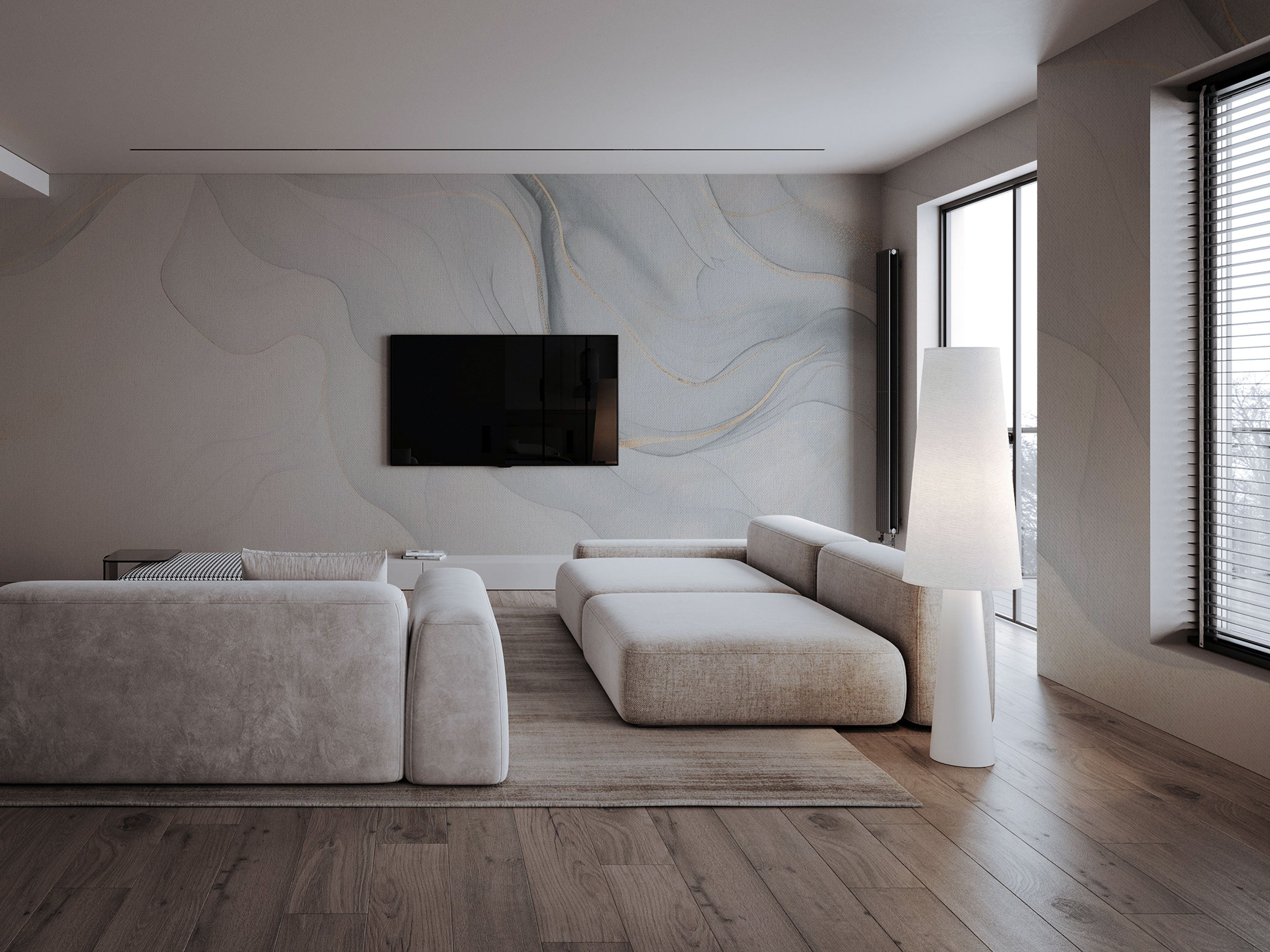Sea Blue abstract mural wallpaper with flowing organic lines in soft blue and neutral tones.