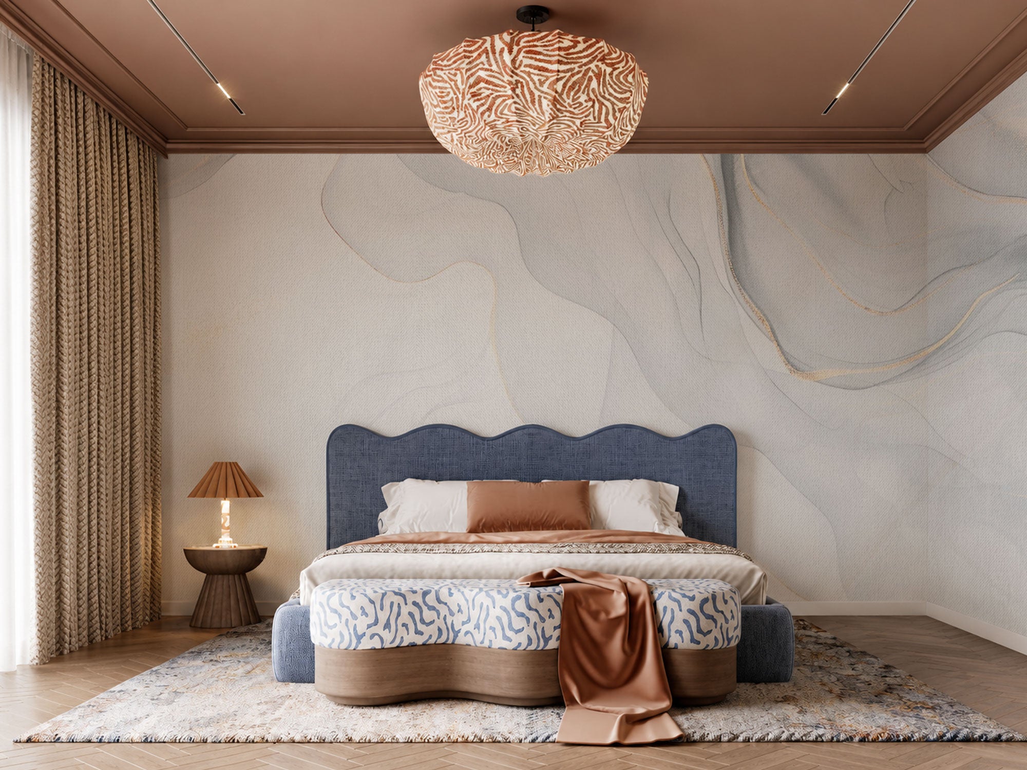 Sea Blue abstract mural wallpaper with flowing organic lines in soft blue and neutral tones.
