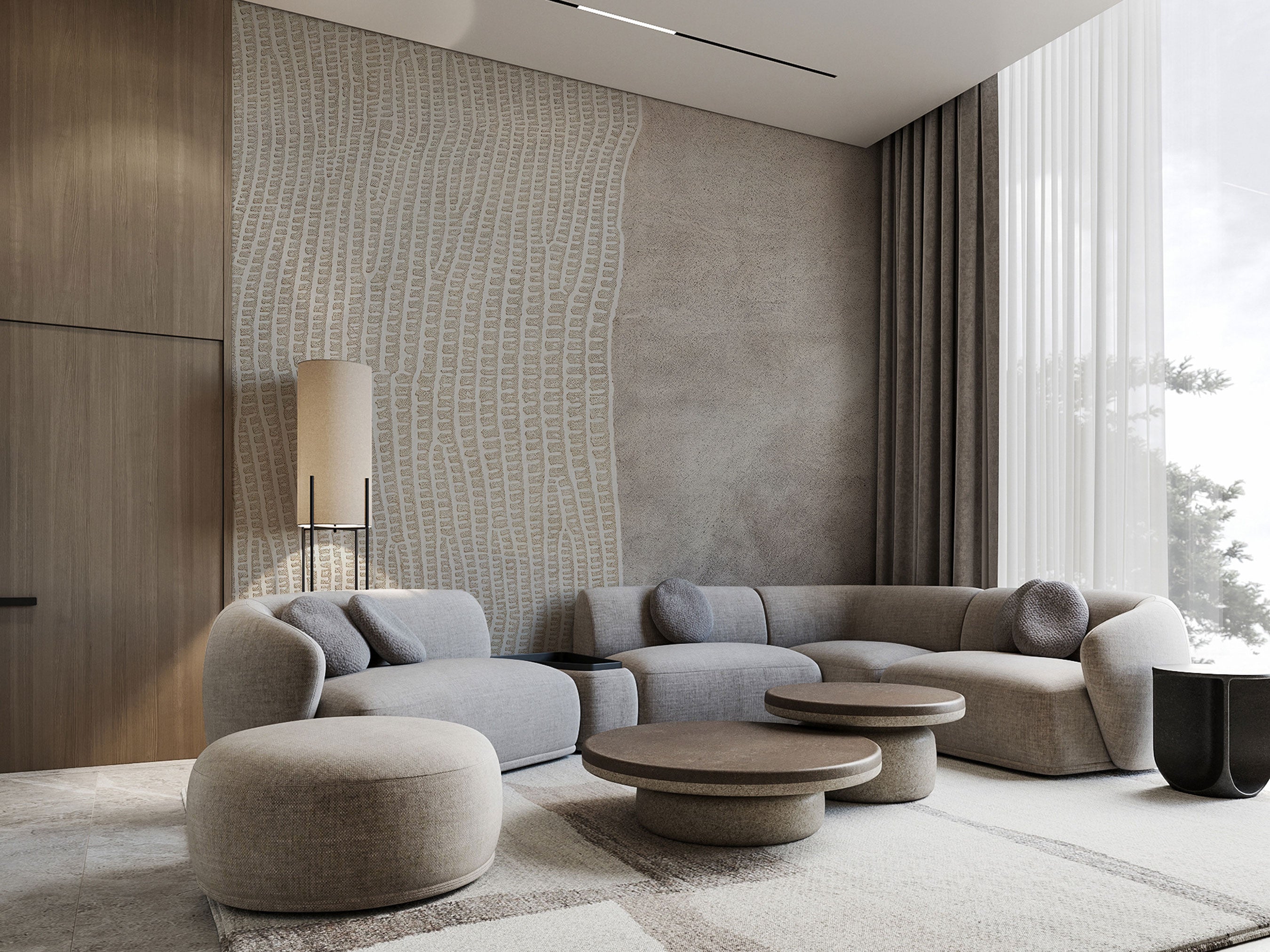 Textured wallpaper with a subtle tonal contrast, combining linear relief patterns and a soft, mineral-inspired surface in warm neutral tones.