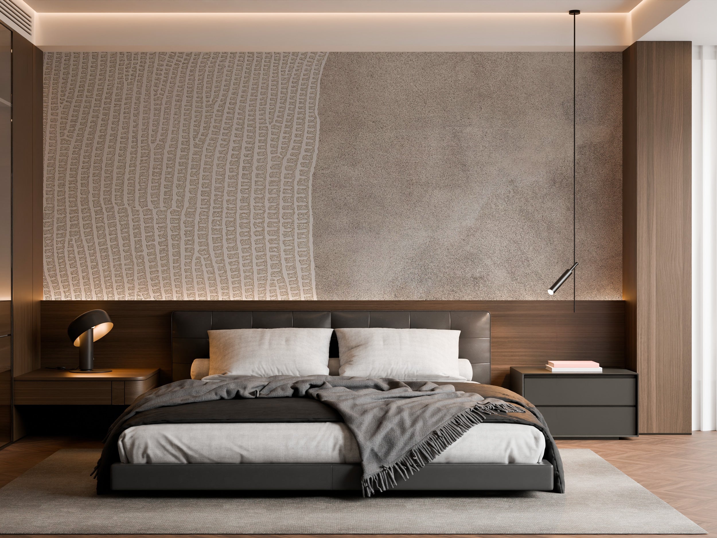 Strukturierte Tapete mit einem subtilen Tonkontrast, die lineare Reliefmuster und eine sanfte, mineralisch inspirierte Oberfläche in warmen neutralen Tönen kombiniert.