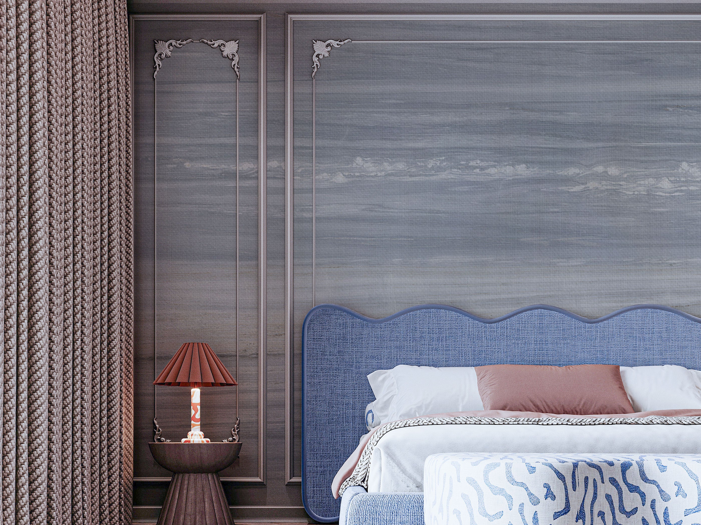 Blue grey and beige textured wallpaper with soft horizontal layers and subtle natural surface texture