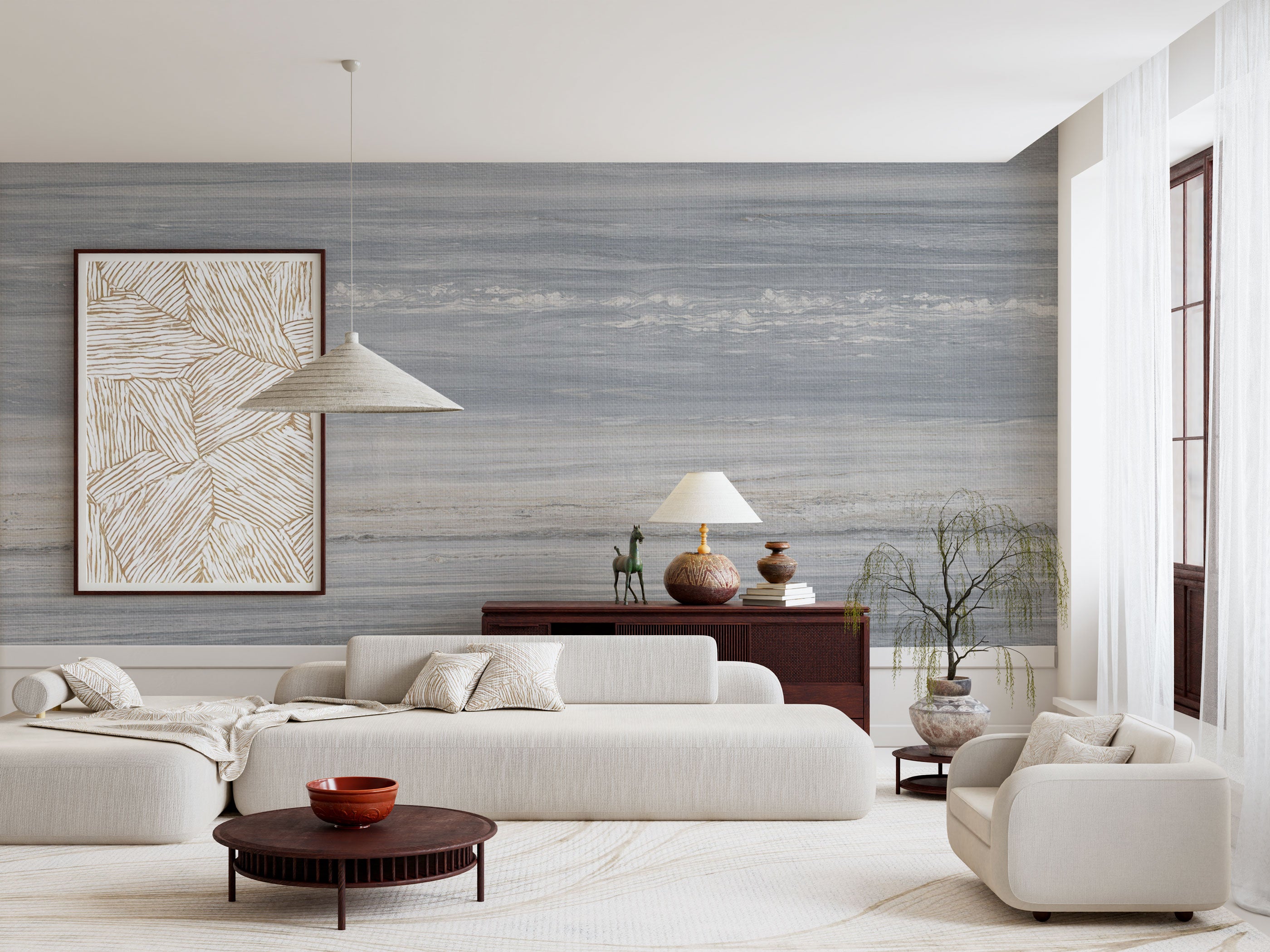 Blue grey and beige textured wallpaper with soft horizontal layers and subtle natural surface texture