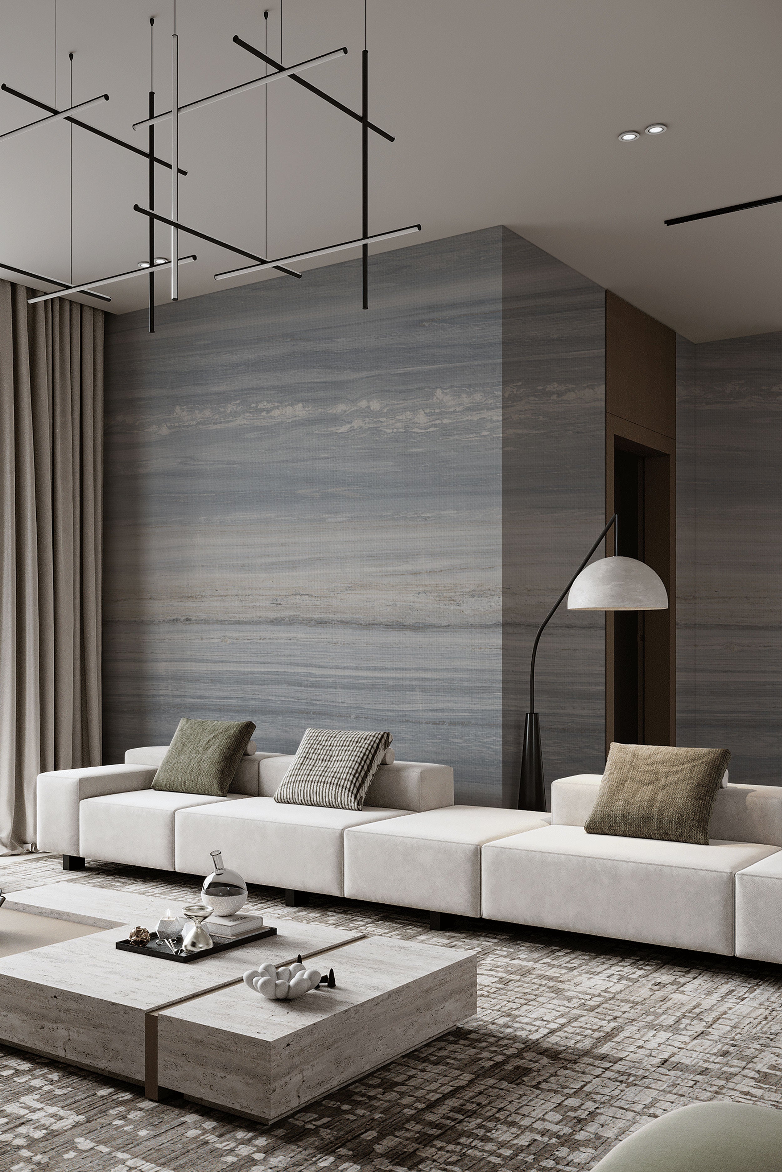 Blue grey and beige textured wallpaper with soft horizontal layers and subtle natural surface texture