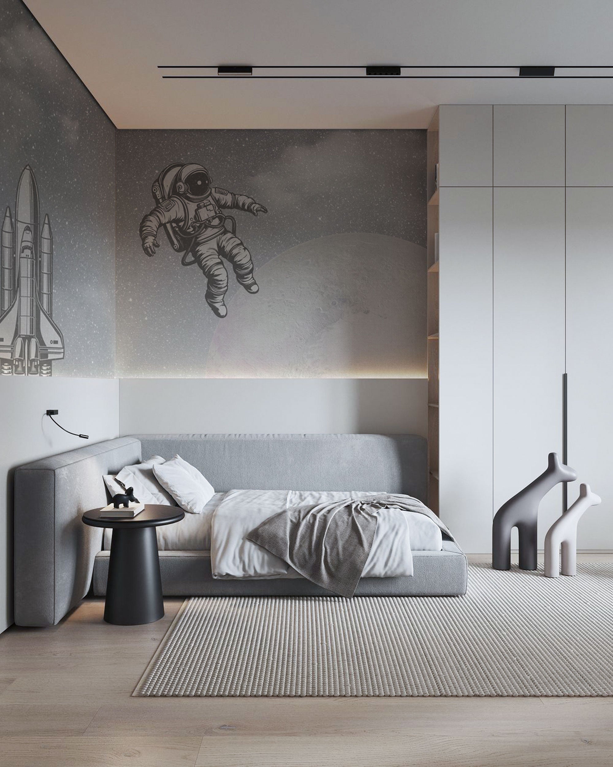 Kids mural wallpaper with astronaut floating in space, rocket illustration, and grey starry background.