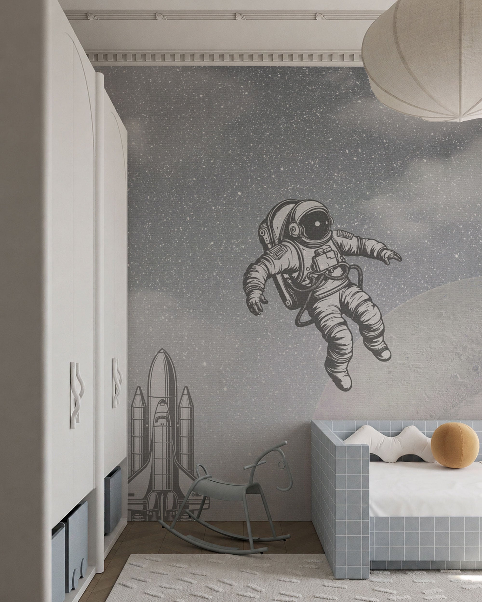 Kids mural wallpaper with astronaut floating in space, rocket illustration, and grey starry background.