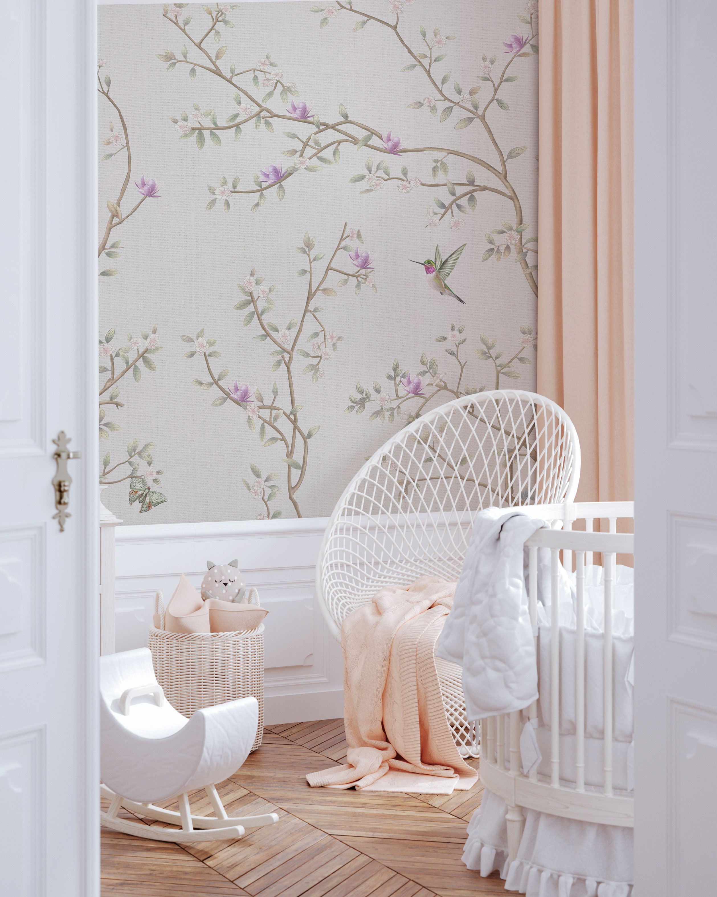 A beige wallpaper mural composed of trees with small beautiful blossoms.