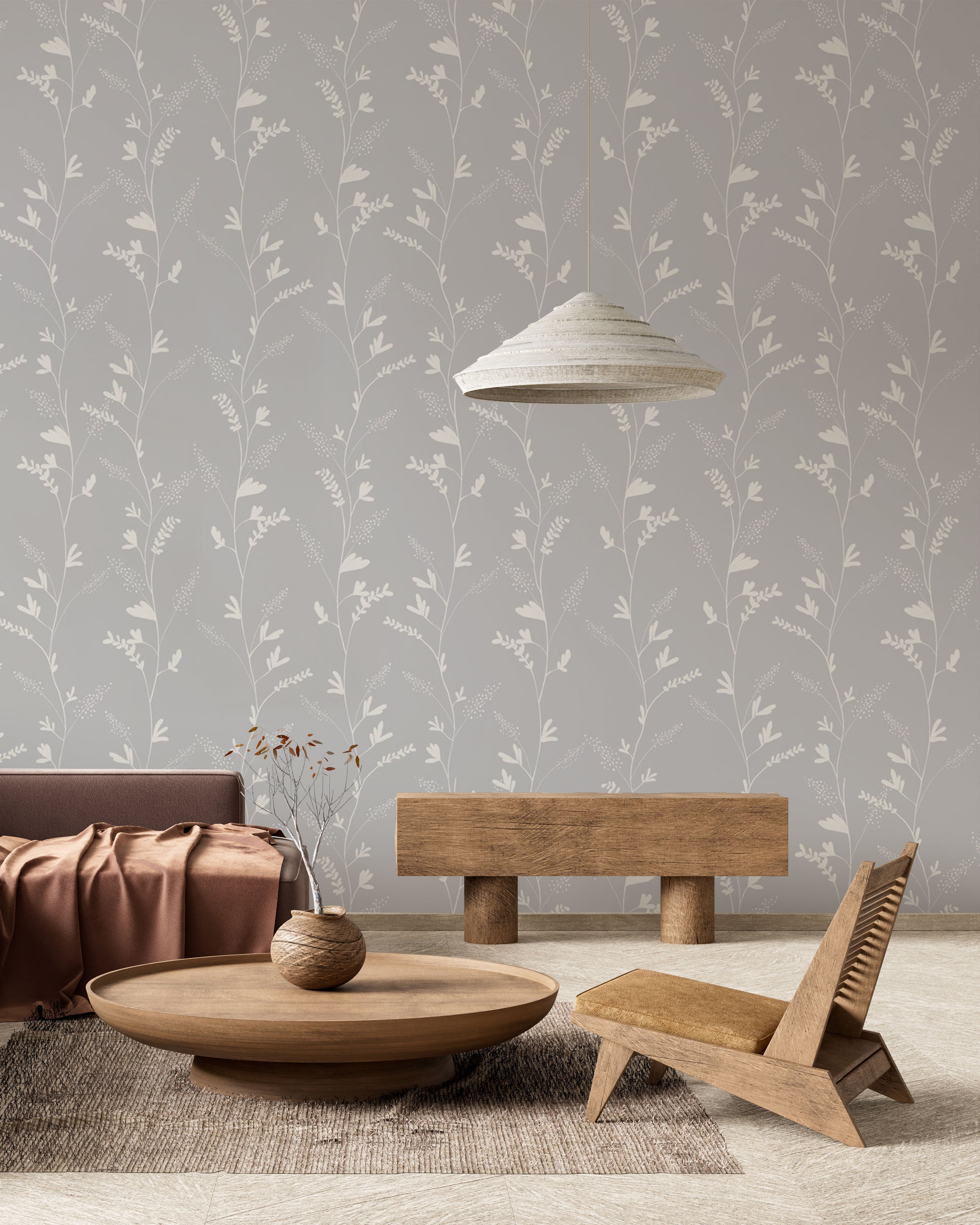 Soft grey botanical wallpaper with delicate floral pattern