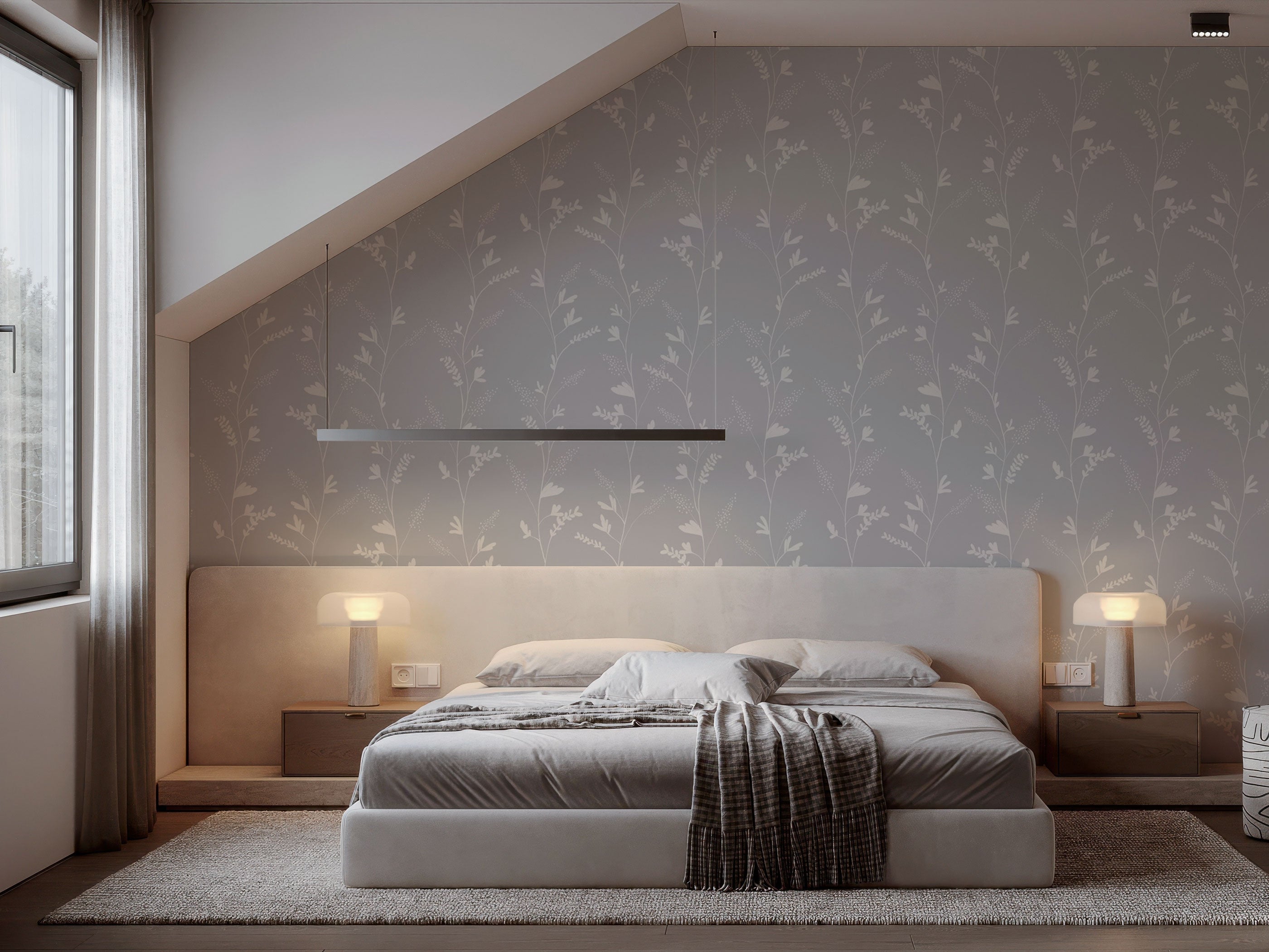 Soft grey botanical wallpaper with delicate floral pattern