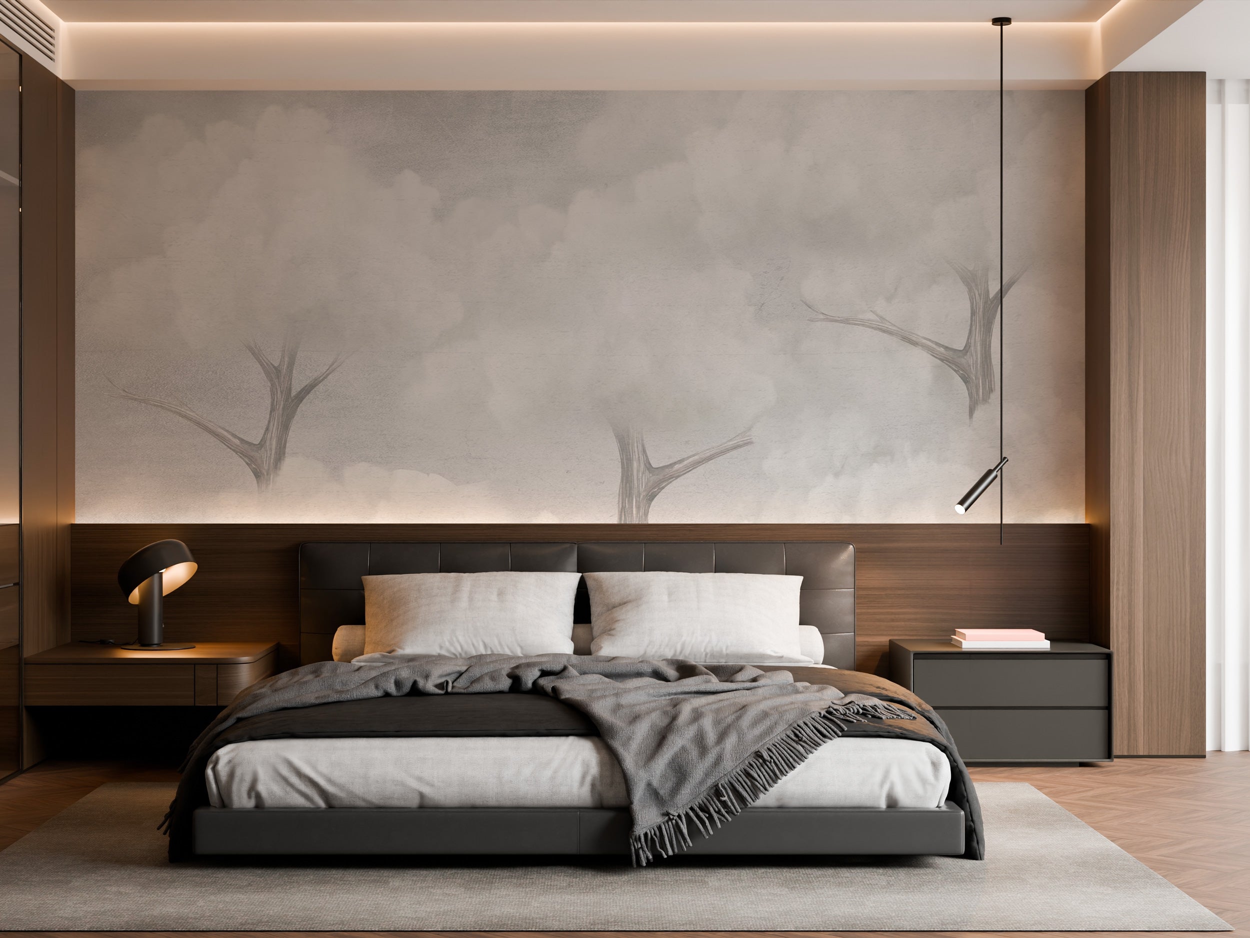 Skytree muralna tapeta s sivim oblacima i apstraktnim siluetama šumskih stabala.