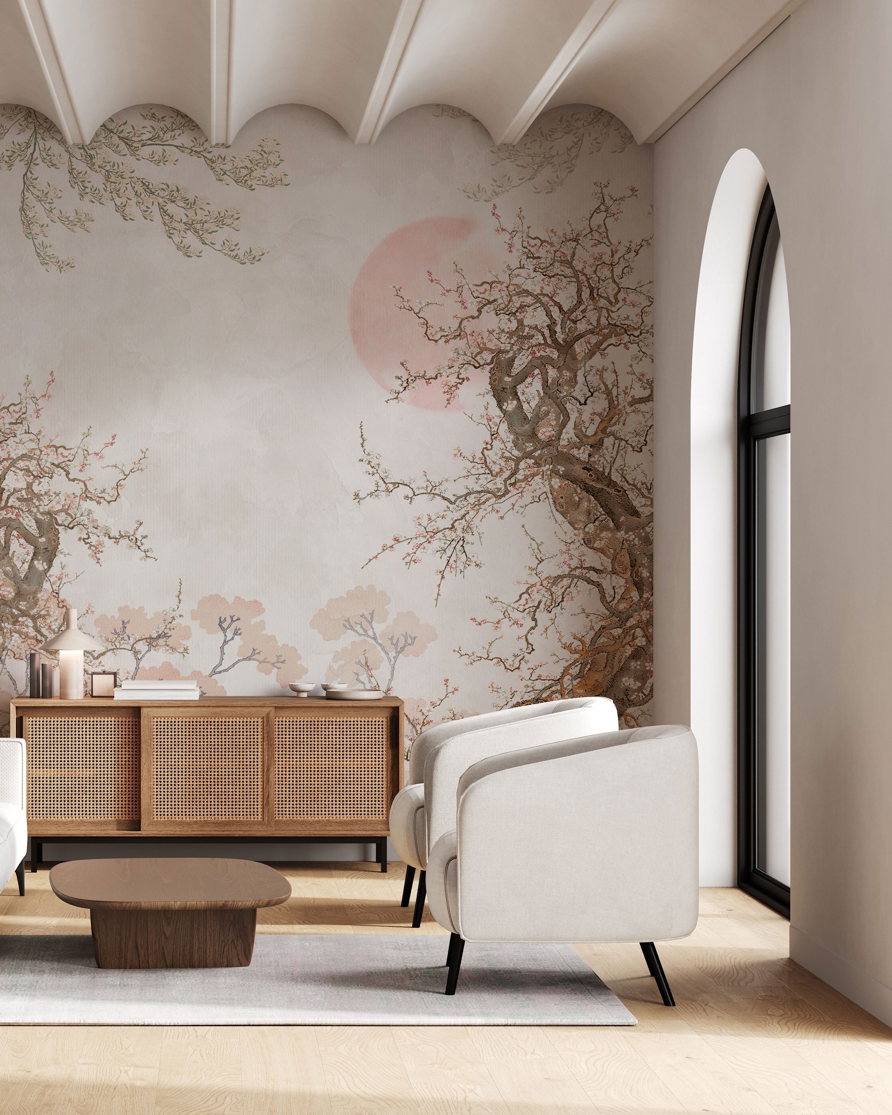 Japandi mural wallpaper with soft landscape, delicate trees, and neutral tones for modern interiors