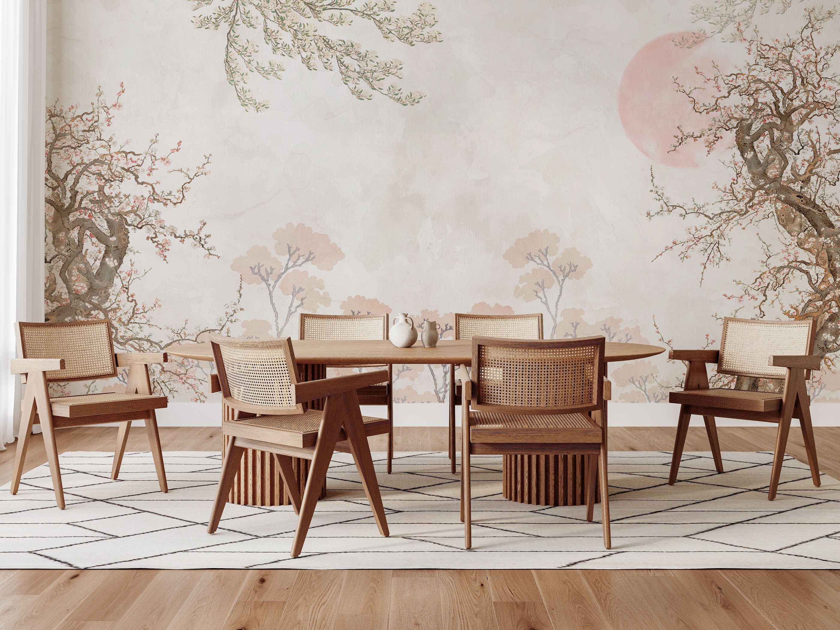 Japandi mural wallpaper with soft landscape, delicate trees, and neutral tones for modern interiors
