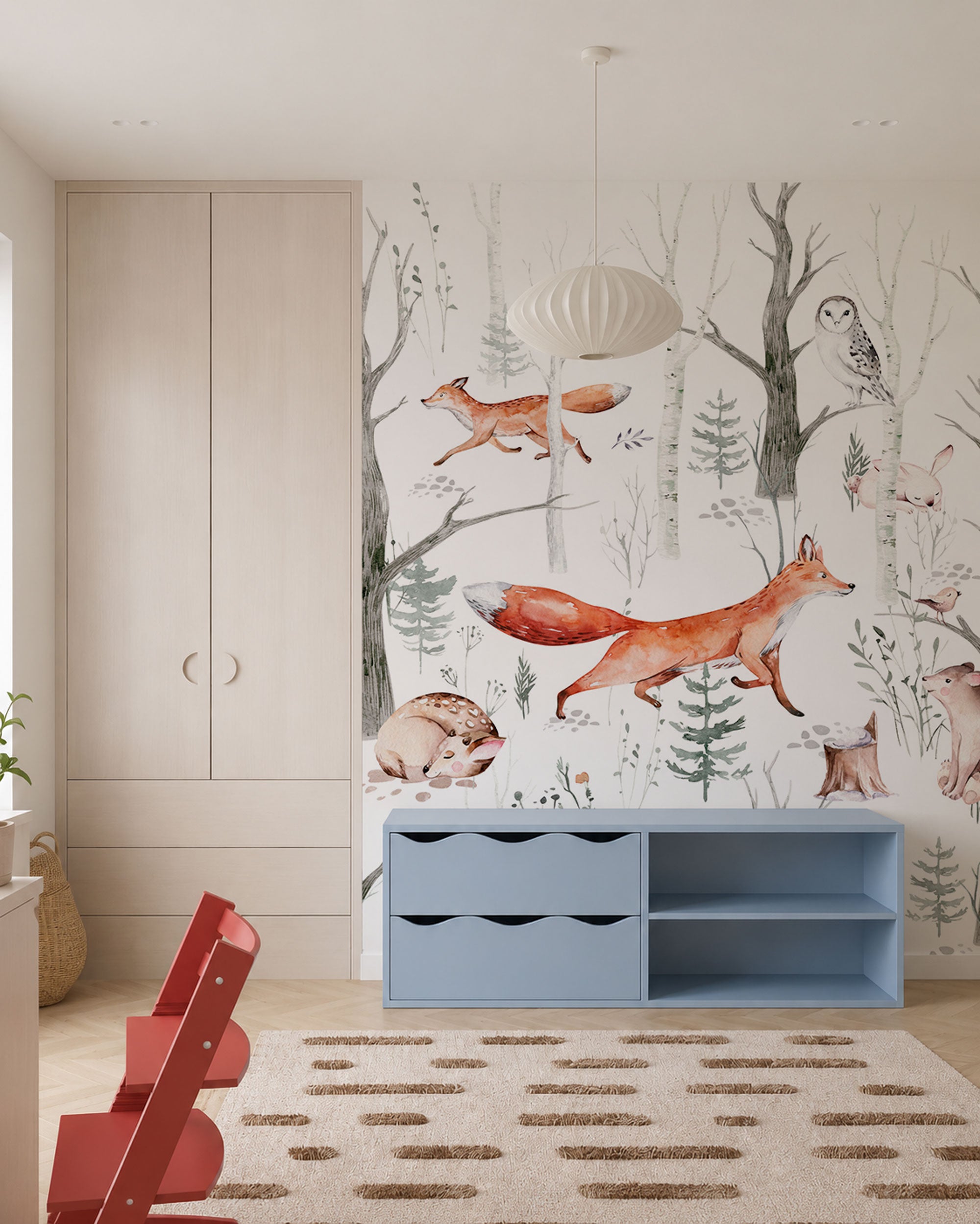 Watercolor woodland animal wallpaper with foxes, rabbits, owls, birds, and forest trees in soft neutral tones on a white background.