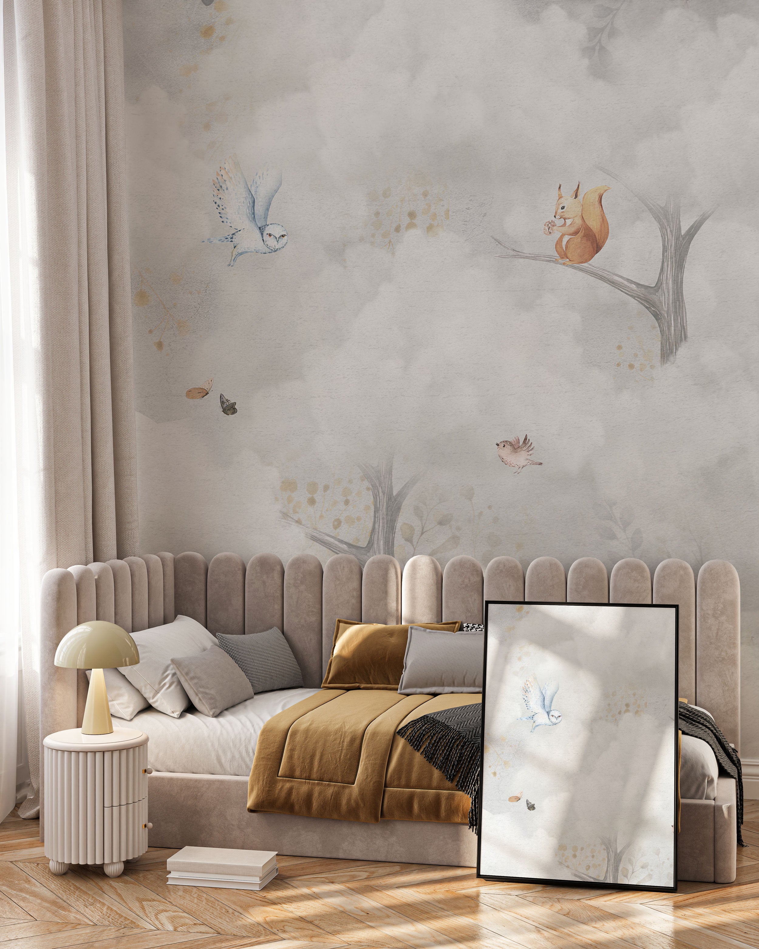 Soft grey and beige nursery mural wallpaper with watercolor forest animals, clouds, birds, and woodland details.