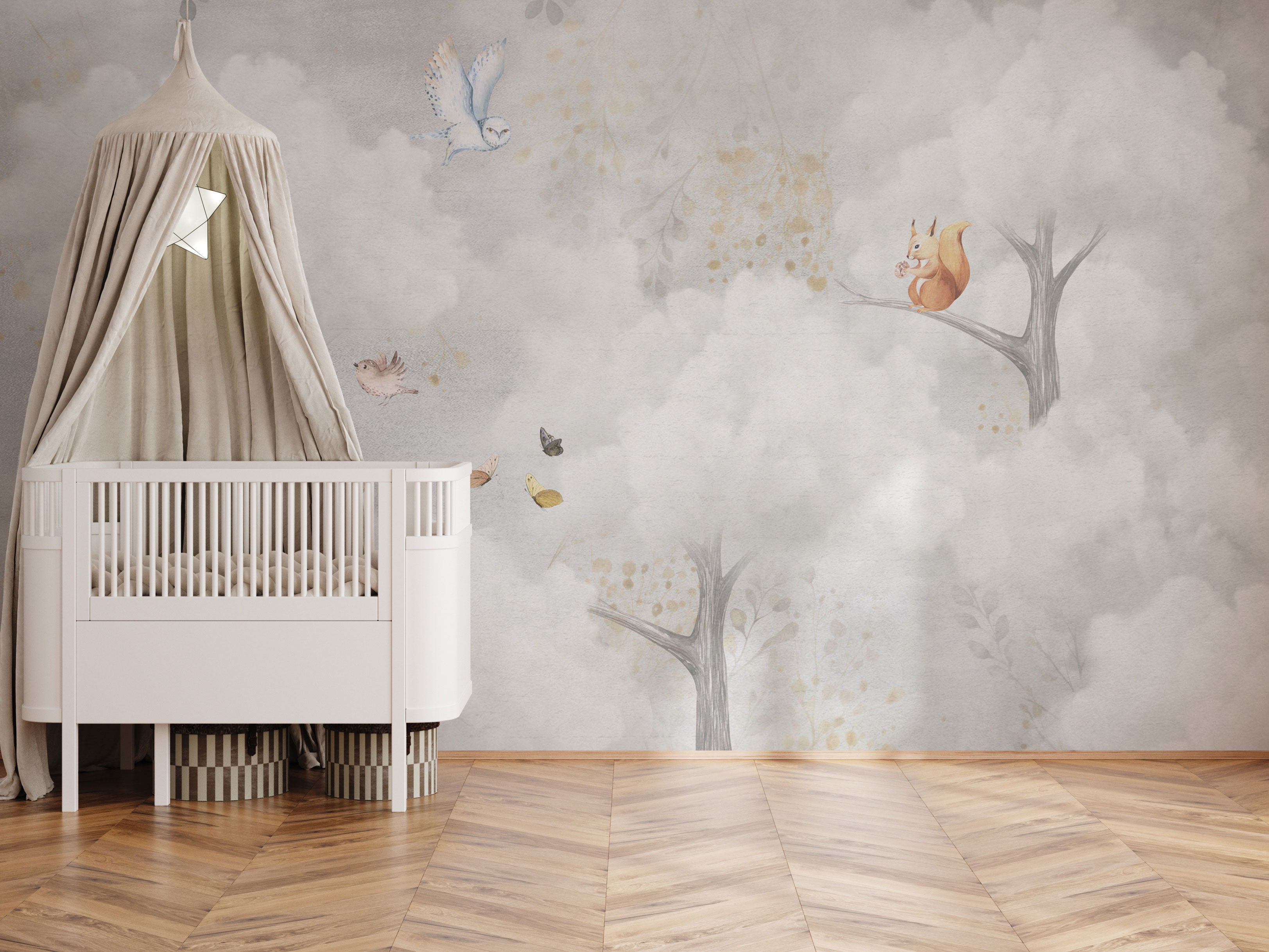 Soft grey and beige nursery mural wallpaper with watercolor forest animals, clouds, birds, and woodland details.