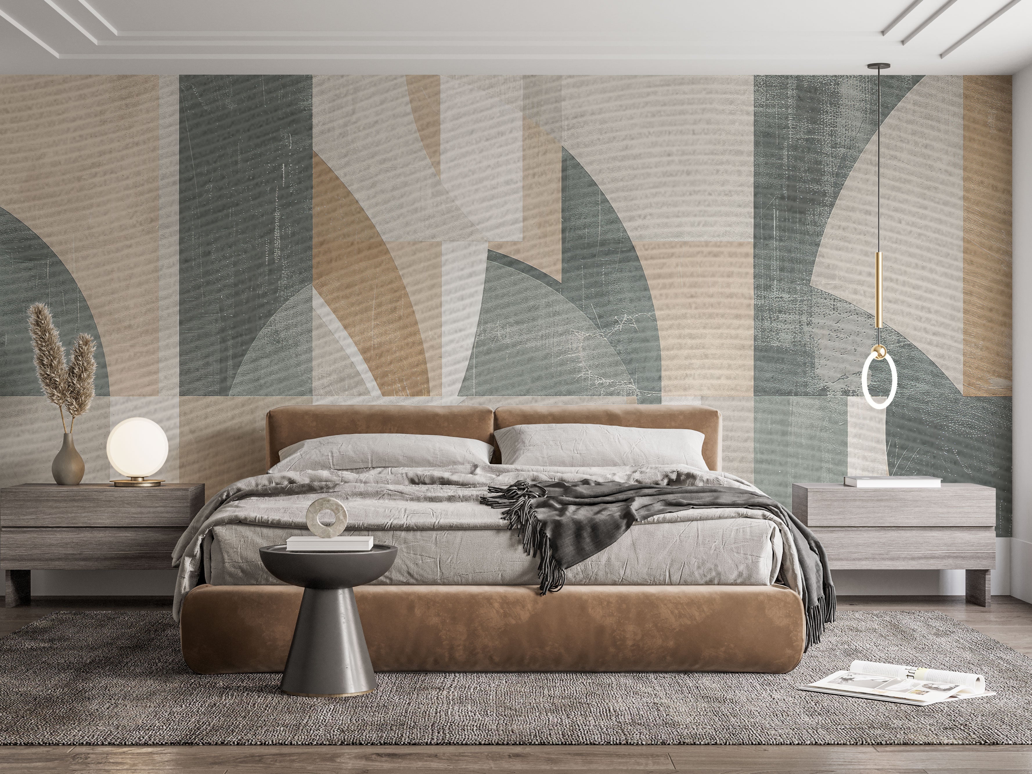 Abstract geometric mural wallpaper with green and beige shapes, curved forms, and textured earth tones.