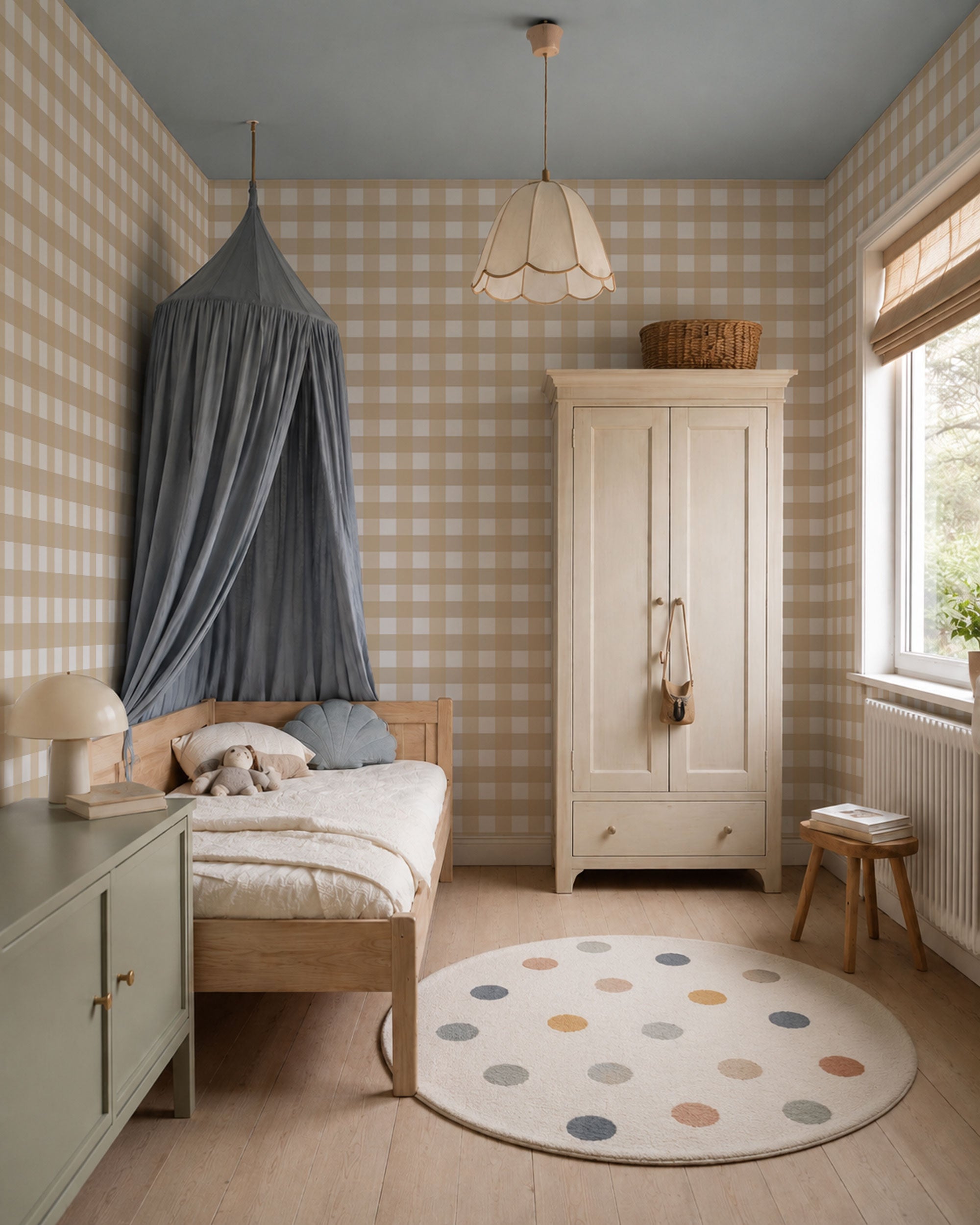 Soft gingham check pattern wallpaper in warm beige and white tones