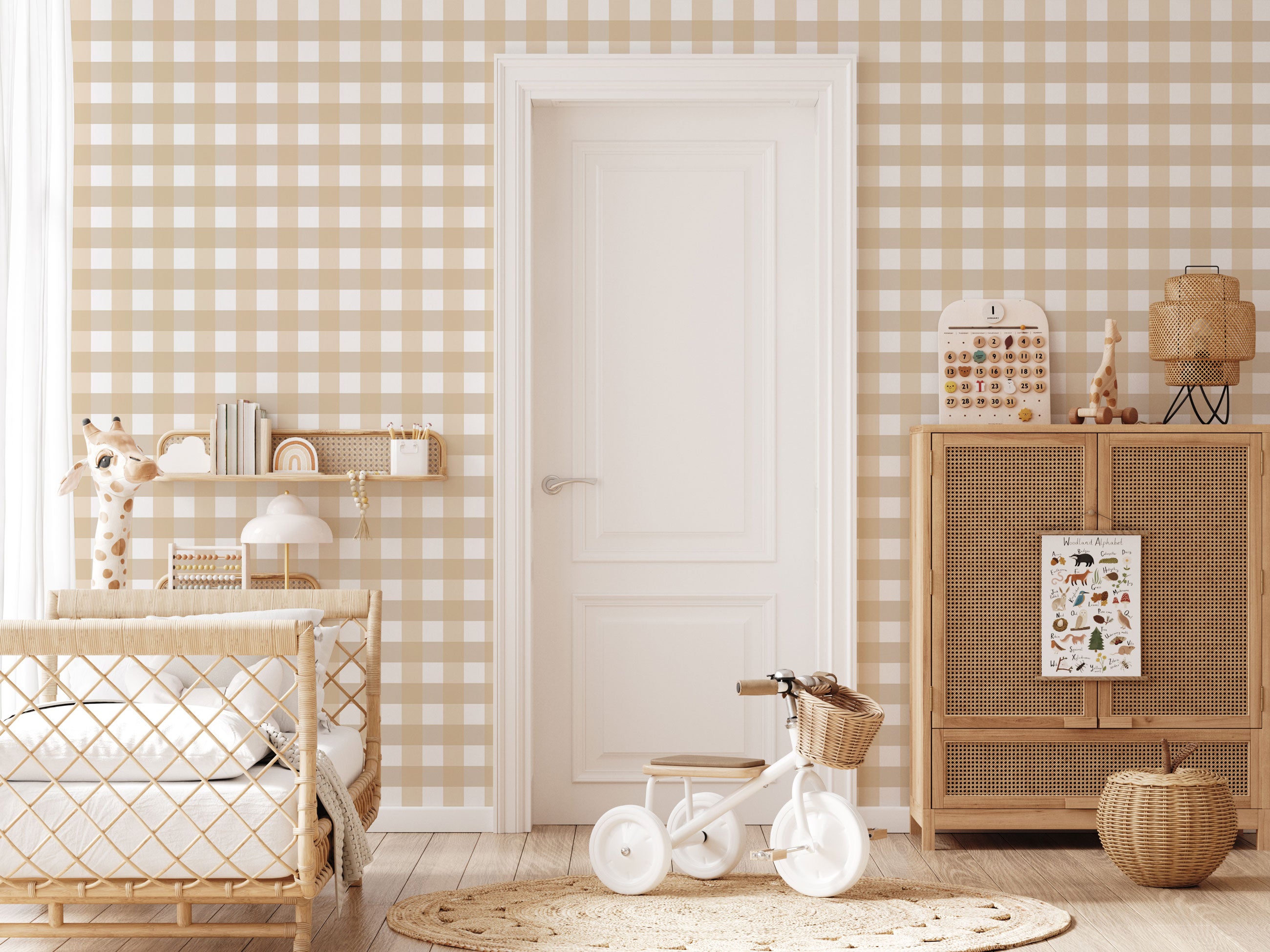 Tapeta s mekim uzorkom gingham provjere u toplim bež i bijelim tonovima