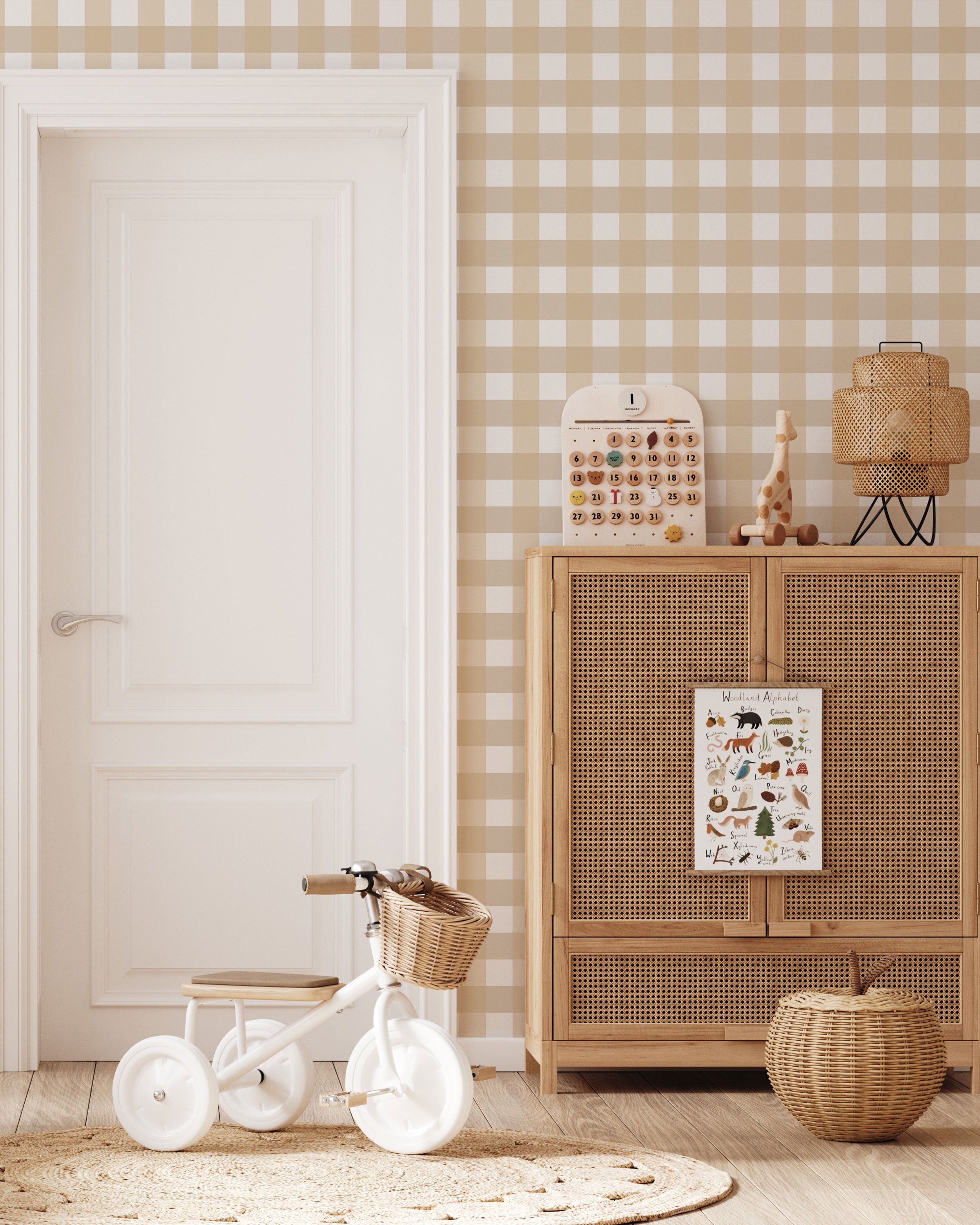 Tapeta s mekim uzorkom gingham provjere u toplim bež i bijelim tonovima