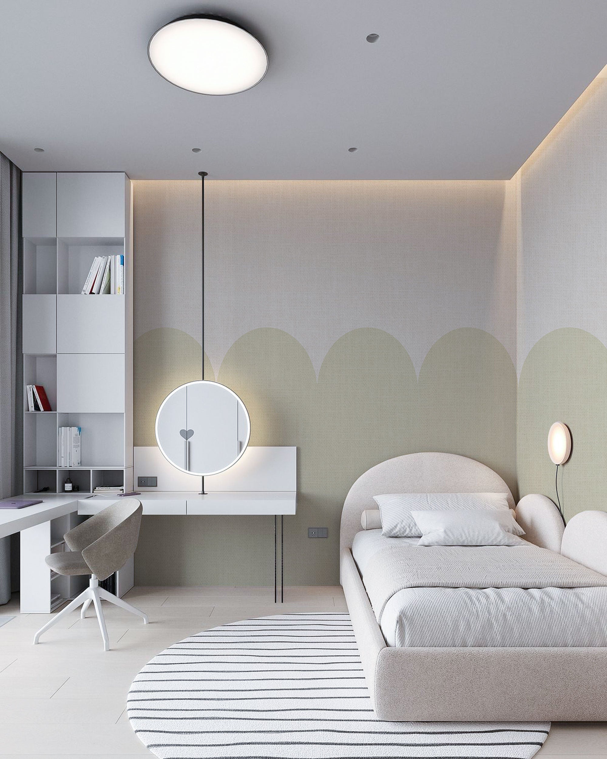 Unisex mural wallpaper with soft green and beige scalloped shapes and subtle textured surface.