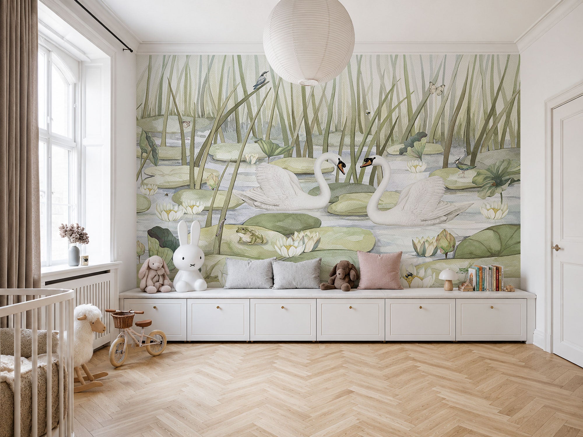 Watercolor kids mural wallpaper with swans pond water lilies reeds and birds in soft pastel tones.