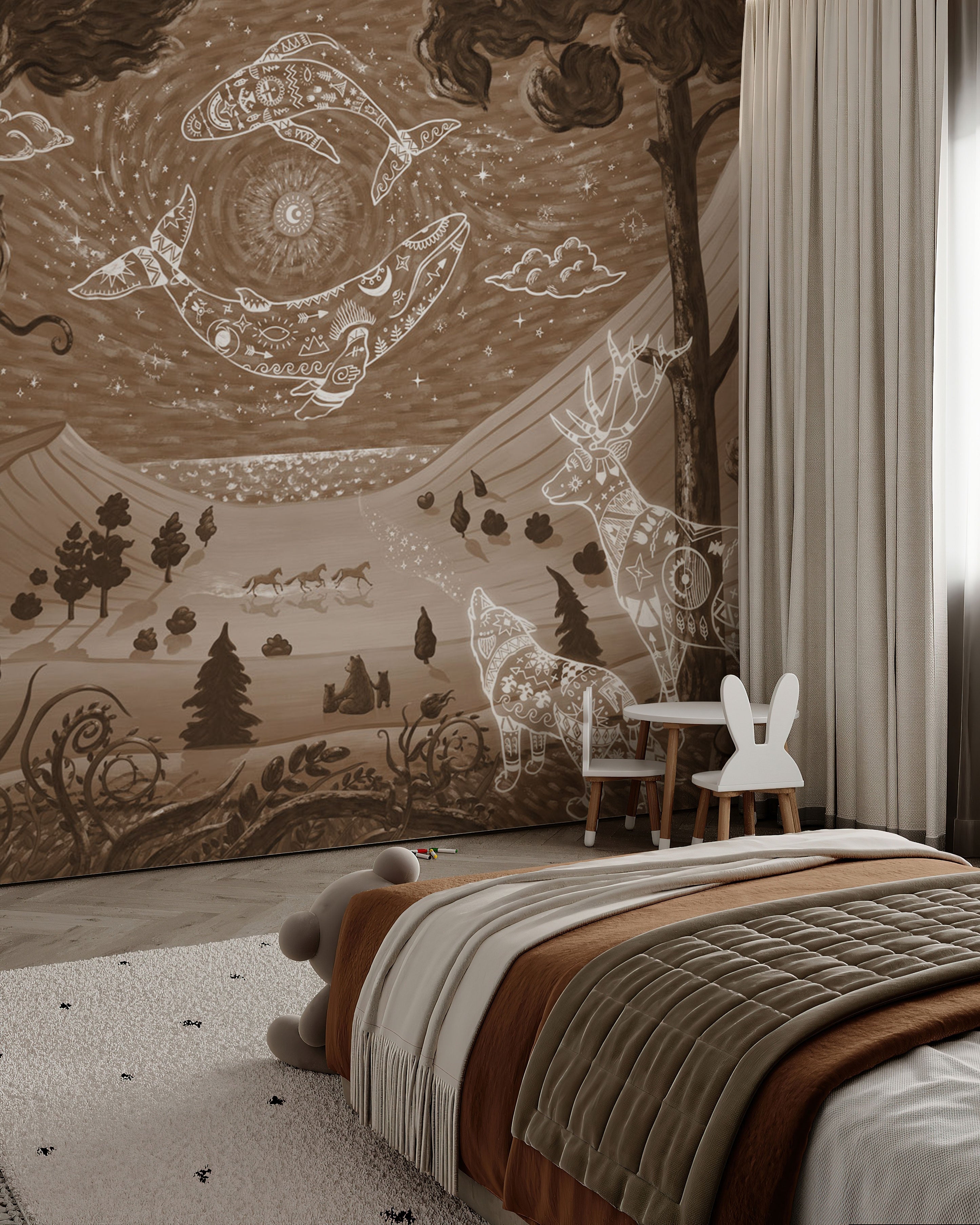 Spirit Night Brown wallpaper with celestial animal constellations and warm earthy night tones