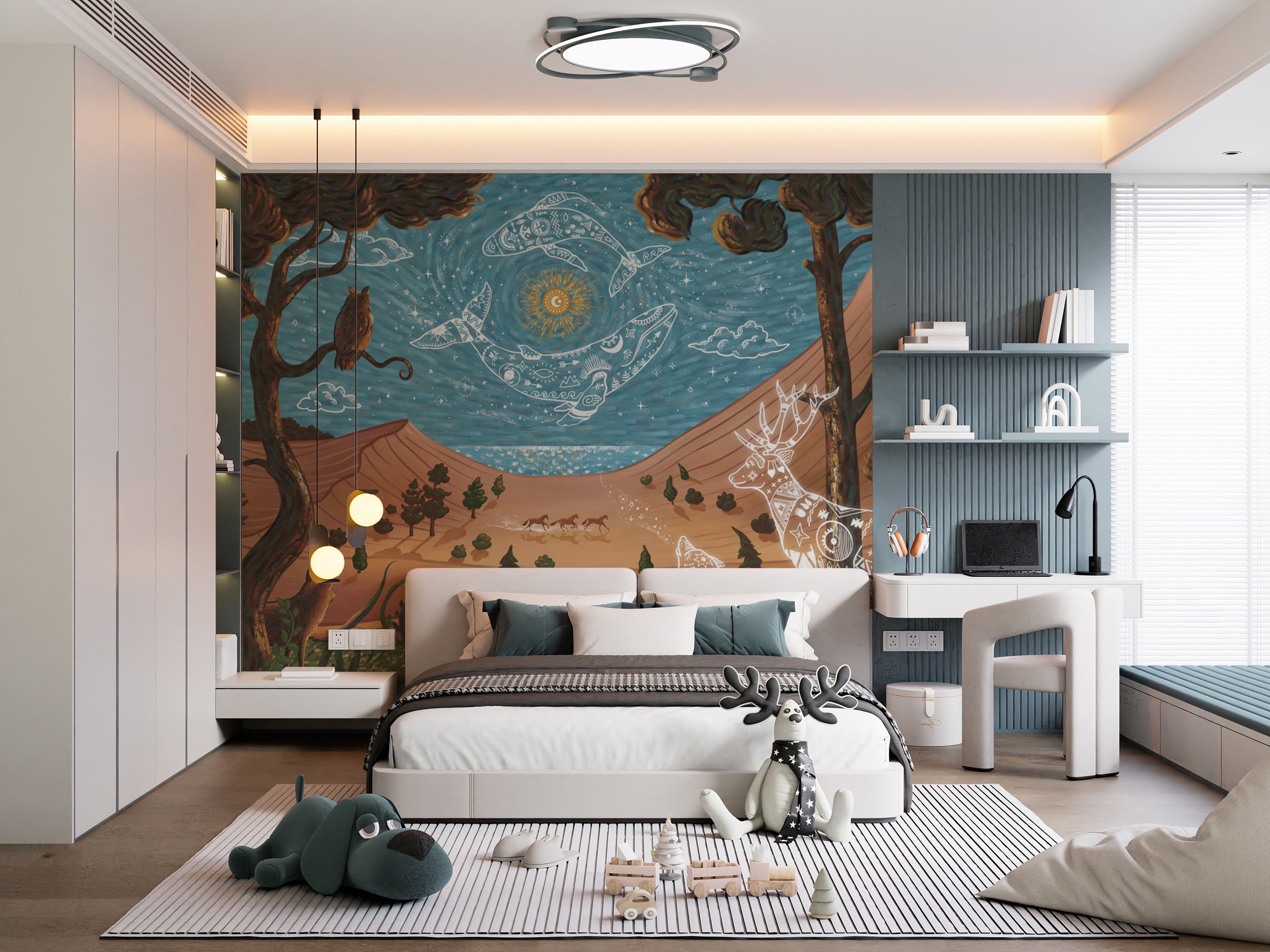 Celestial animal wallpaper with mystical landscape in warm earthy tones