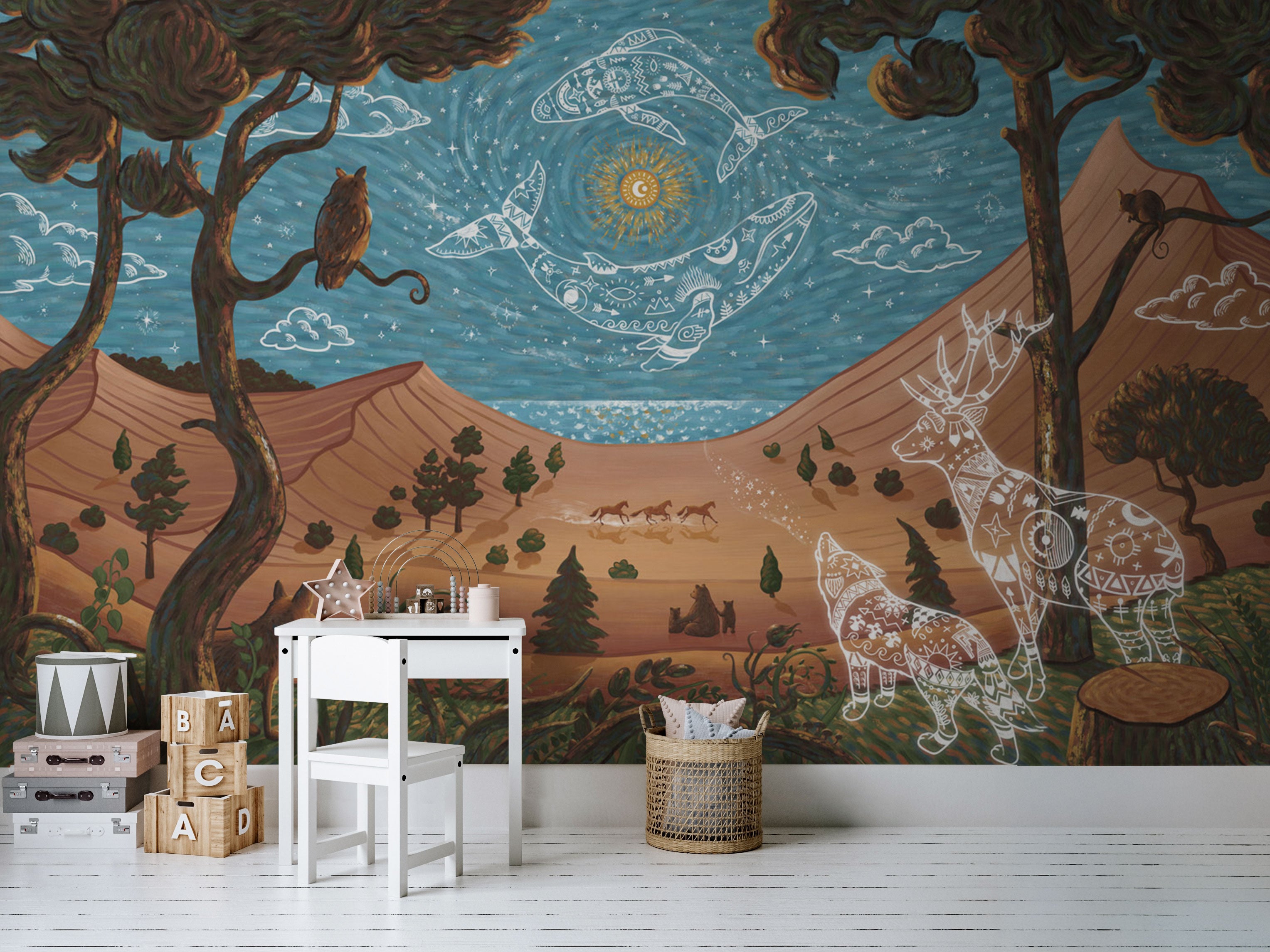 Celestial animal wallpaper with mystical landscape in warm earthy tones