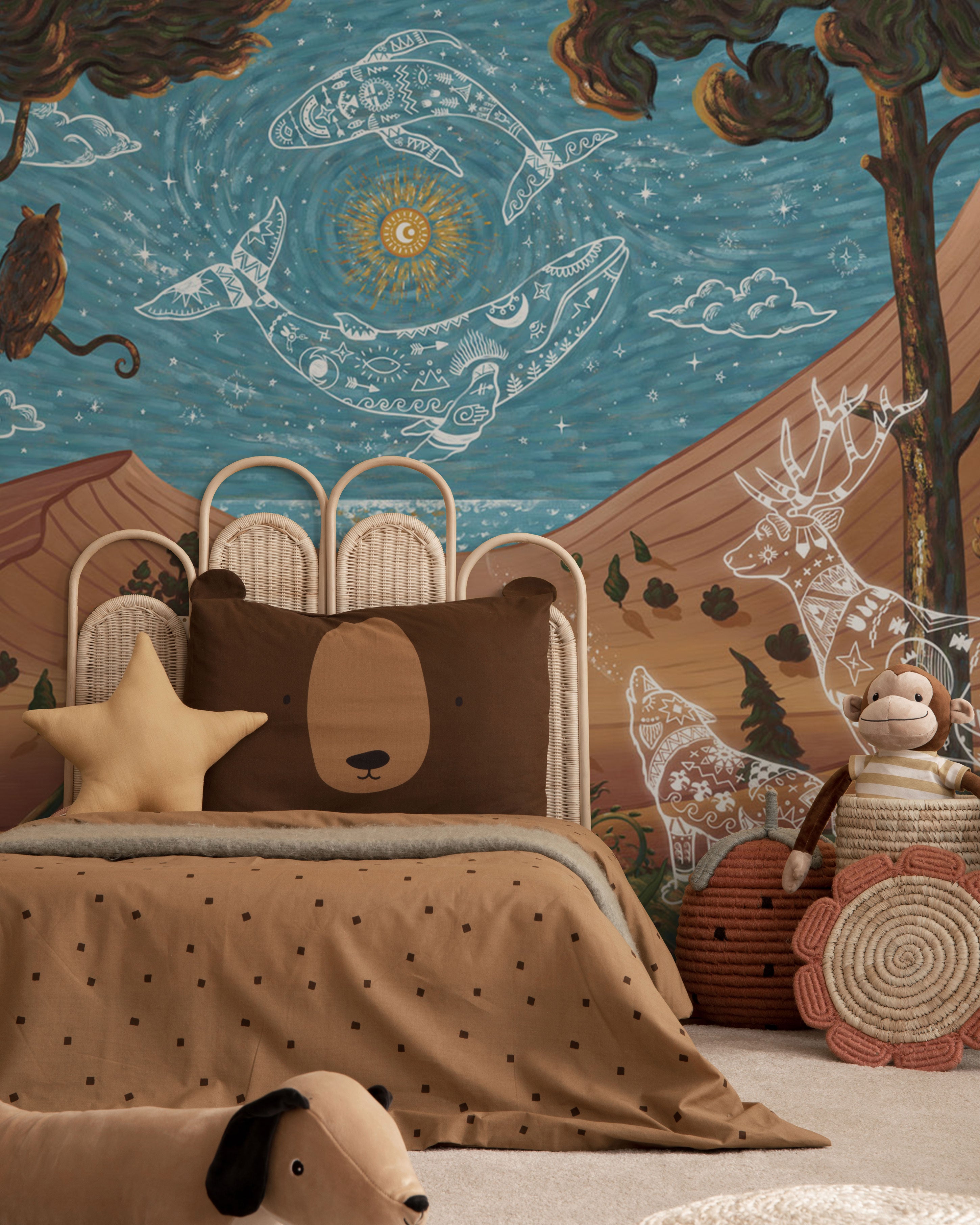 Celestial animal wallpaper with mystical landscape in warm earthy tones